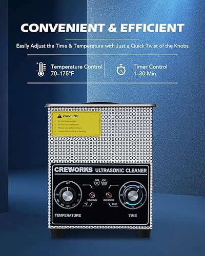 Miniatura 3 de CREWORKS Limpiador ultrasónico de 2L con calentador y temporizador, máquina de limpieza ultrasónica de acero inoxidable de 60 W, 12 gal Limpiador