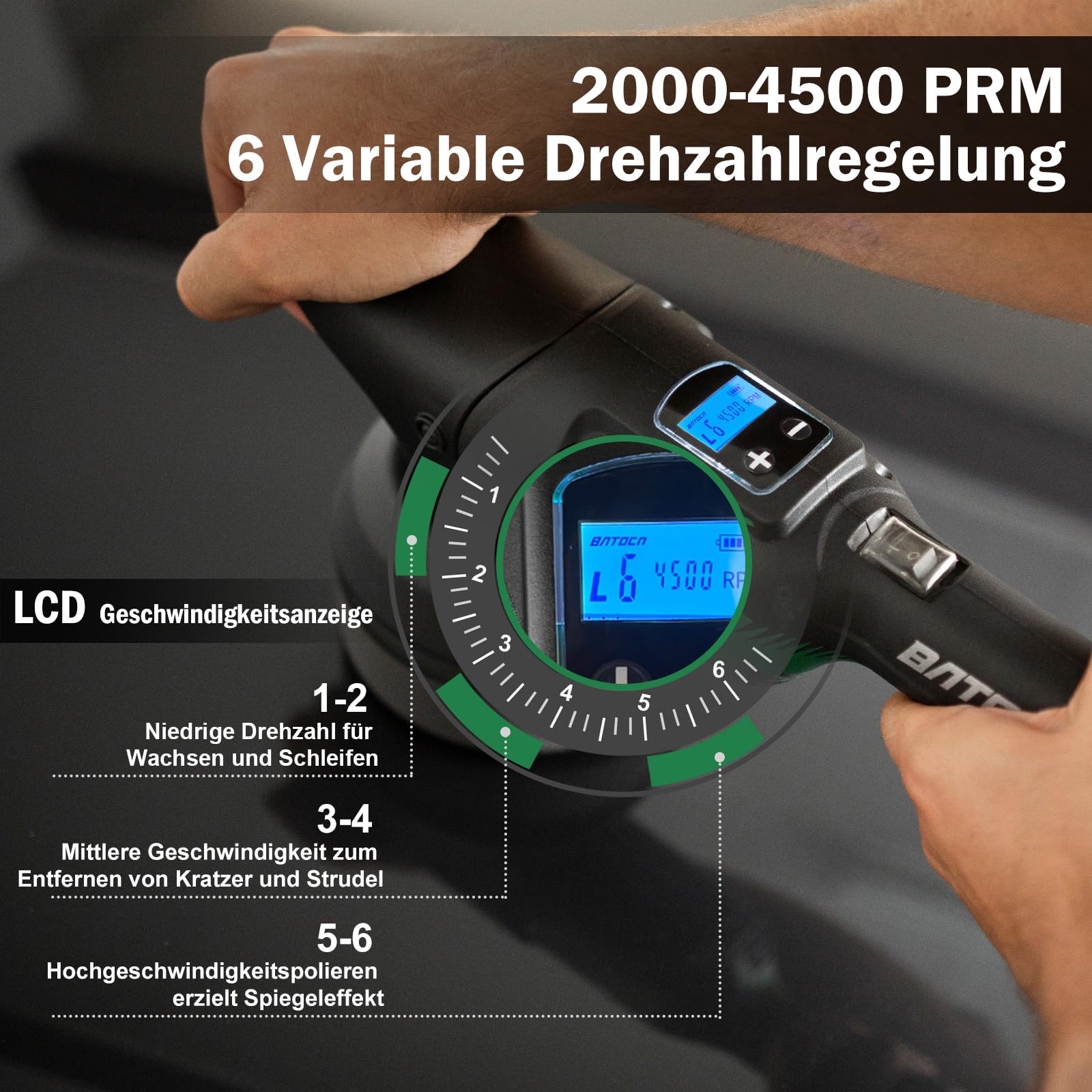 BATOCA S2 Auto Poliermaschine,Akku Polierer,LCD Geschwindigkeitsanzeige 2000-4500RPM,8mm Exzenter/Orbital Puffer,Polieren Auto,Polierset mit 2 5000mAh Akkus,125mm Polierschwamm,Polnisch Schleifen