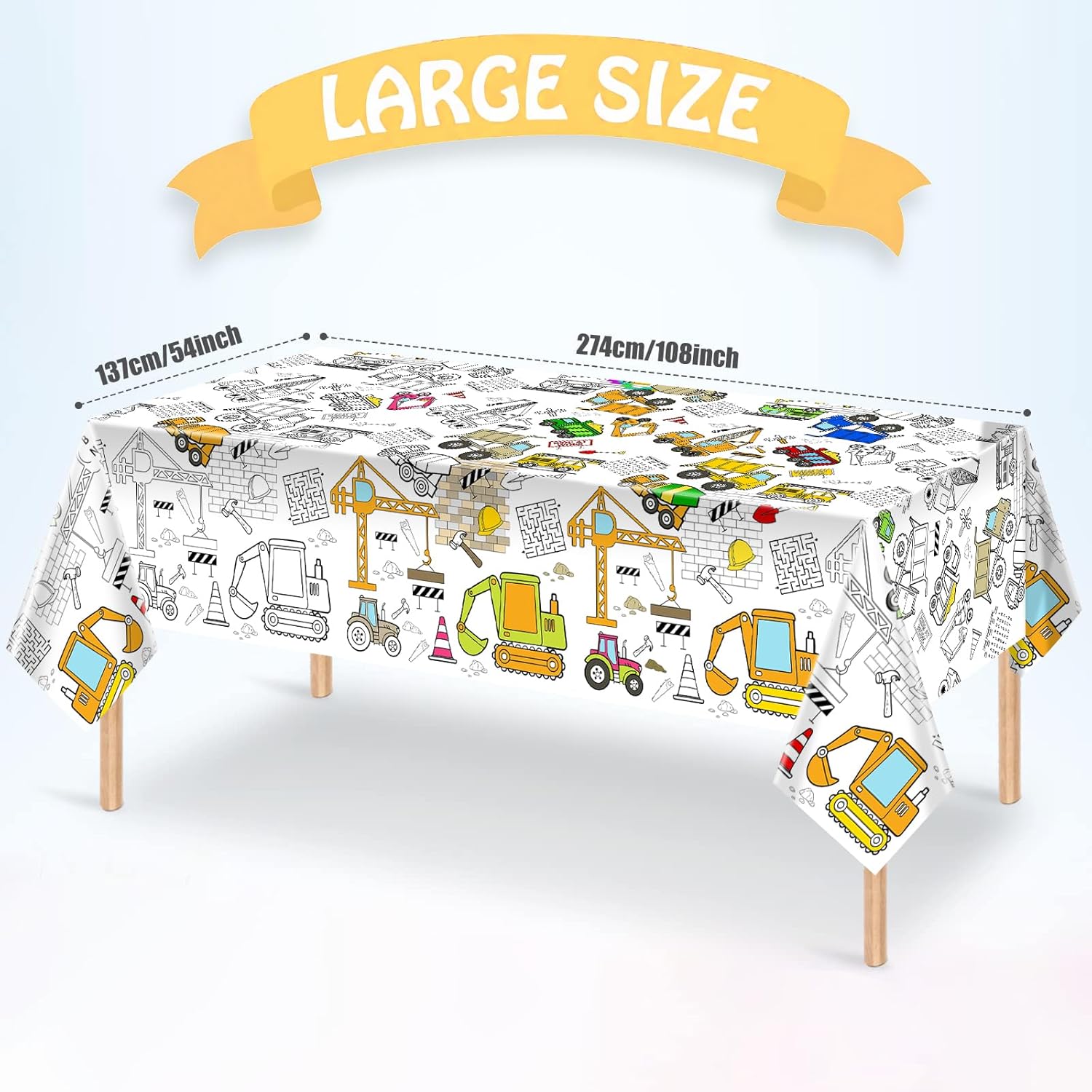 Giant Construction Party Coloring Tablecloth for Kids - Huge Construction Theme Table Cover Large Dump Truck Vehicle Painting Poster for Children Birthday Party Supplies 54x108 Inch