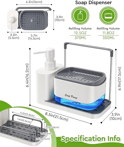 Miniatura 6 de Juego de Dispensador de Jabón para Manos y Platos con Bandeja, Dispensador de Jabón Doble con Soporte para Esponja y Soporte para Paños de Cocina,