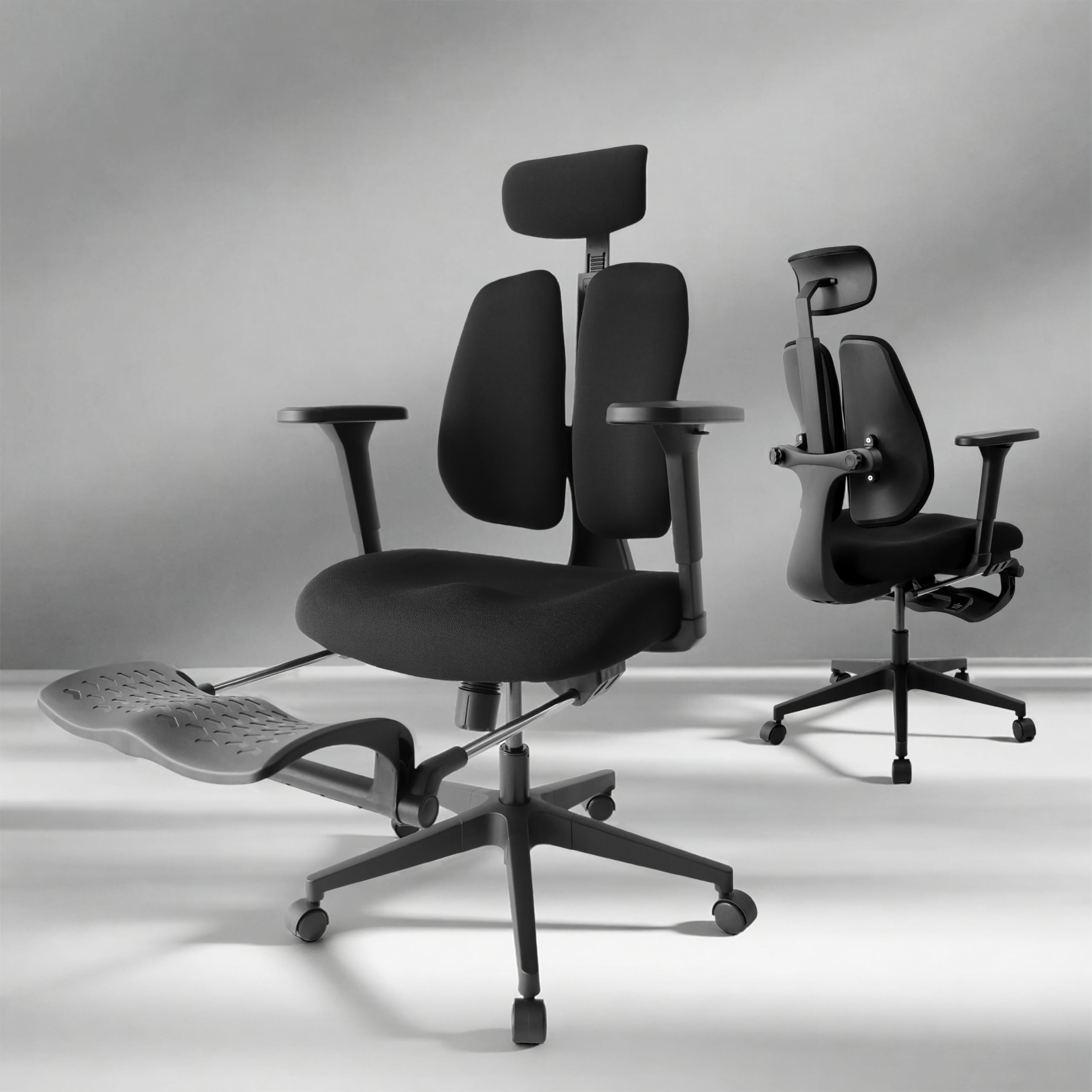 Chaise de Bureau Ergonomique, Dossier Séparé Dynamique, Siège en Mousse Moulée 8 cm, Accoudoirs 4D, Fauteuil de Bureau Grand Dossier avec Repose-Pieds, Flex S3, Noir