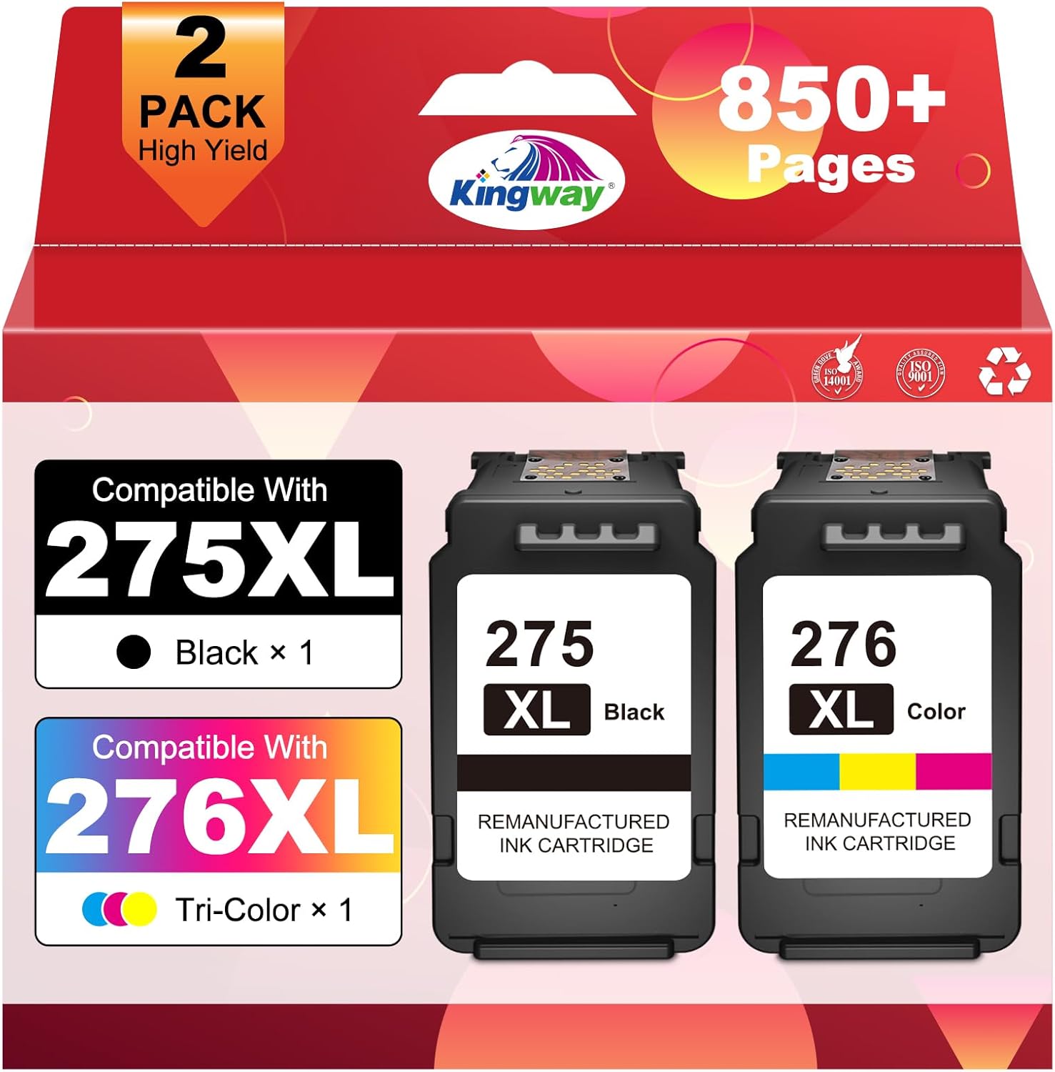 KINGWAY PG-275XL CL-276XL Replacement for Canon 275 and 276 Ink Cartridges Combo Pack PG 275 CL 276 275XL 276XL Printers Compatible for PIXMA TR4720 TS3720 TS3722 TS3500 TS3522 TR4722 TR4700 (2 Pack)