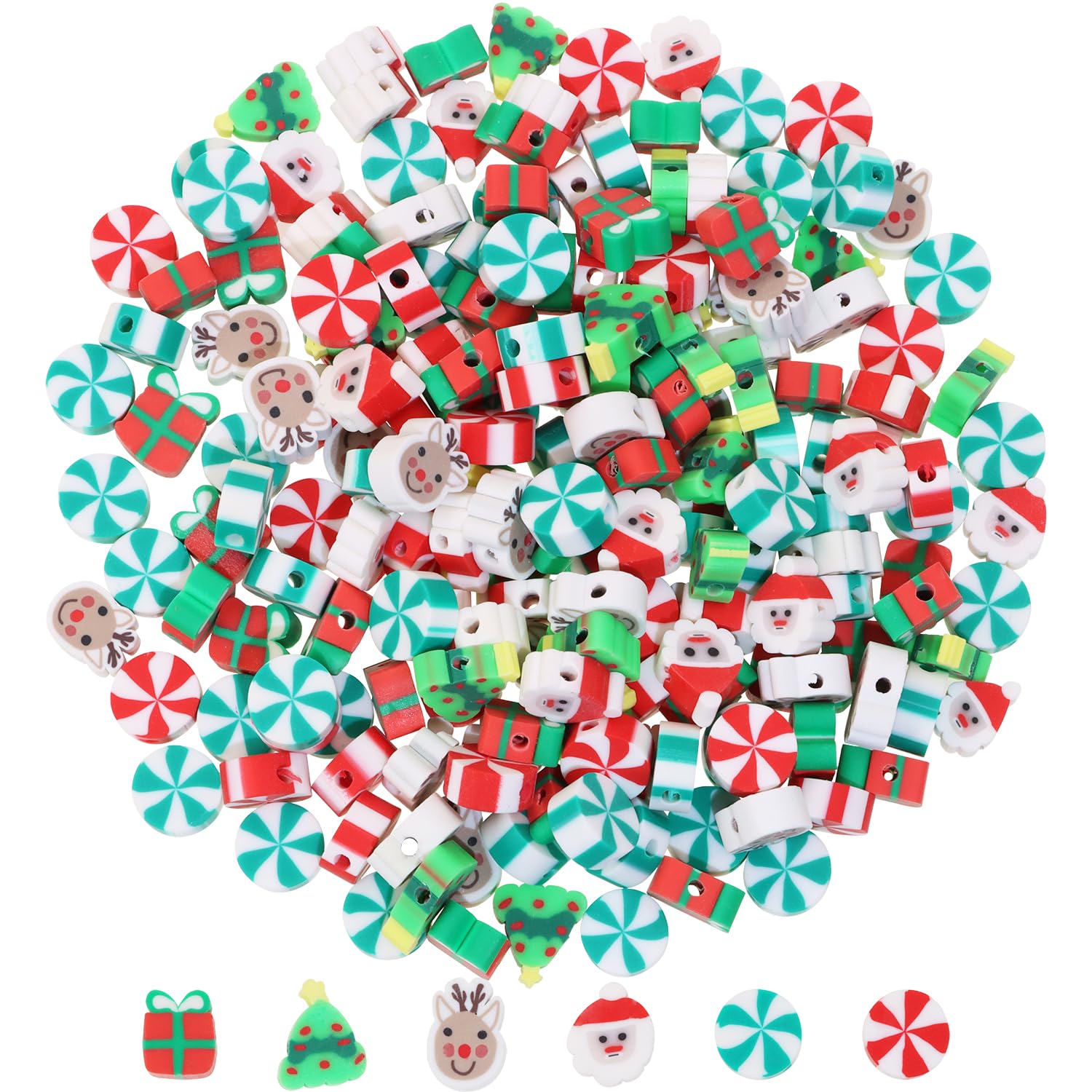 PPhtony 200PCS Christmas Beads Xmas Tree Candy Santa Claus Spacer Clay Beads for Bracelets Earring Jewelry Making Necklaces Resin Key Chains Gifts Art