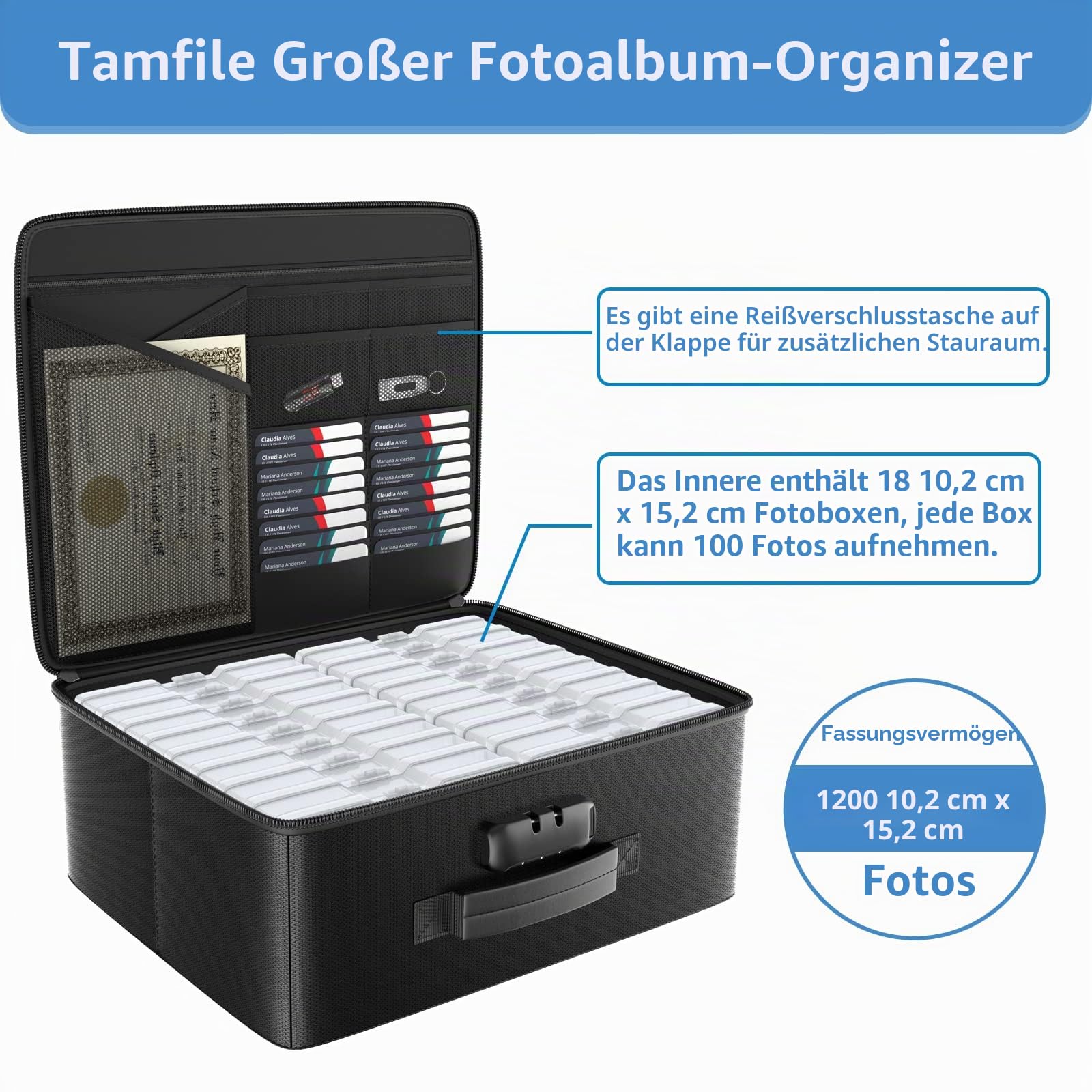 Tamfile Feuerfeste Foto-Aufbewahrungsbox, 18 transparenten 10,2 x 15,2 cm Innen-Fotohüllen, Foto-Organizer mit Schloss für Bilder, Karten, Briefmarken und Bürobedarf mit 4 Blatt Etikettenaufklebern