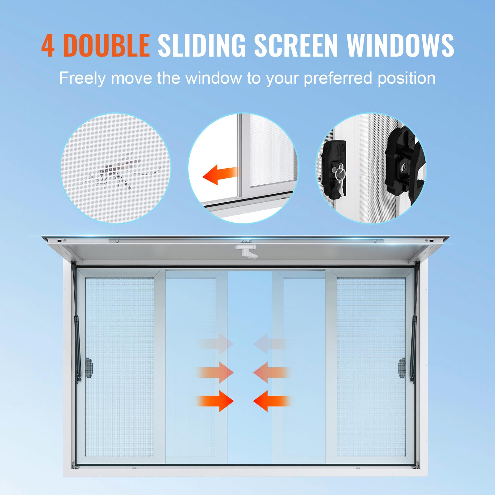 VEVOR Ventana de Concesión de 1248 x 943 x 110 mm de Servicio de Camión de Alimentos de Aleación Aluminio con 4 Ventanas Corredizas Horizontales y Puerta de Toldo y Gancho de Arrastre, Hasta 85 Grados
