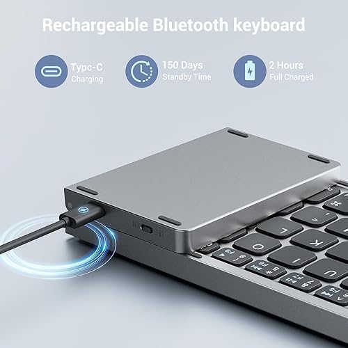 Miniatura 4 de Ikaetri Teclado Bluetooth plegable, teclado de viaje plegable inalámbrico con teclado numérico, teclado portátil compacto recargable para portátil,