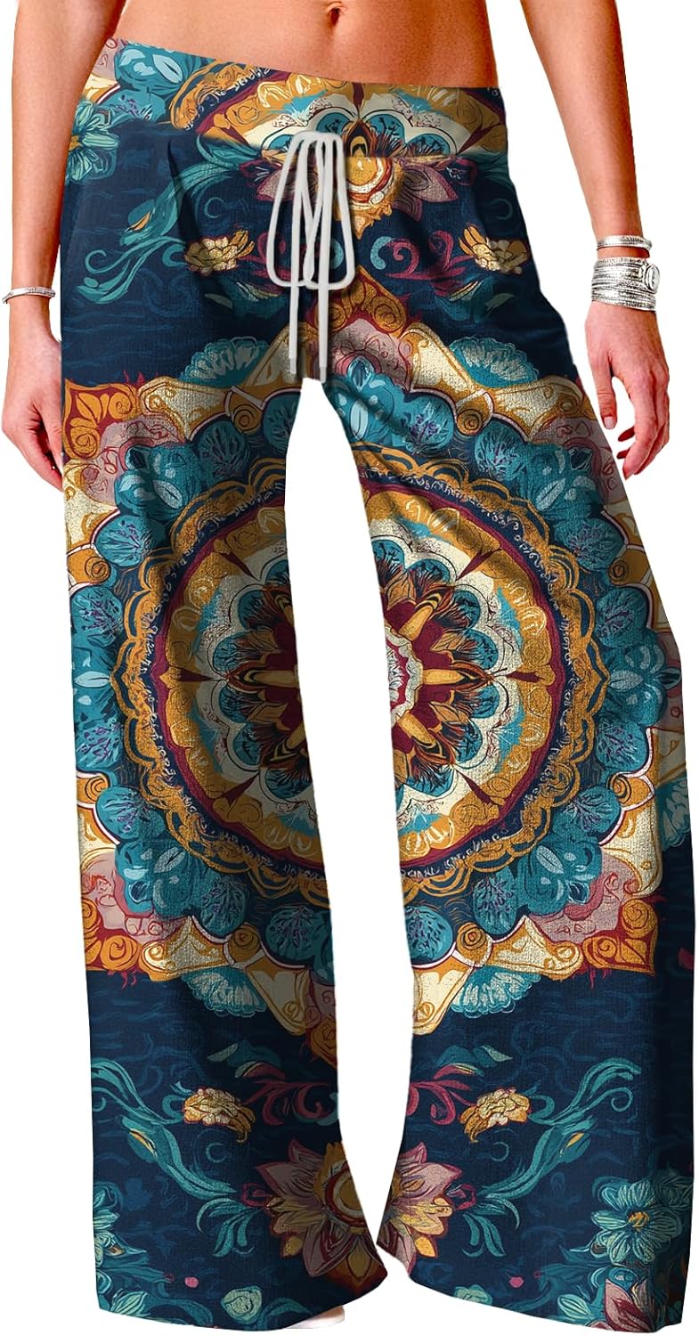 High Waist Pants for Women Casual Baggy Boho Floral Lounge Trousers Lightweight Stretchy Sweatpants with Pockets