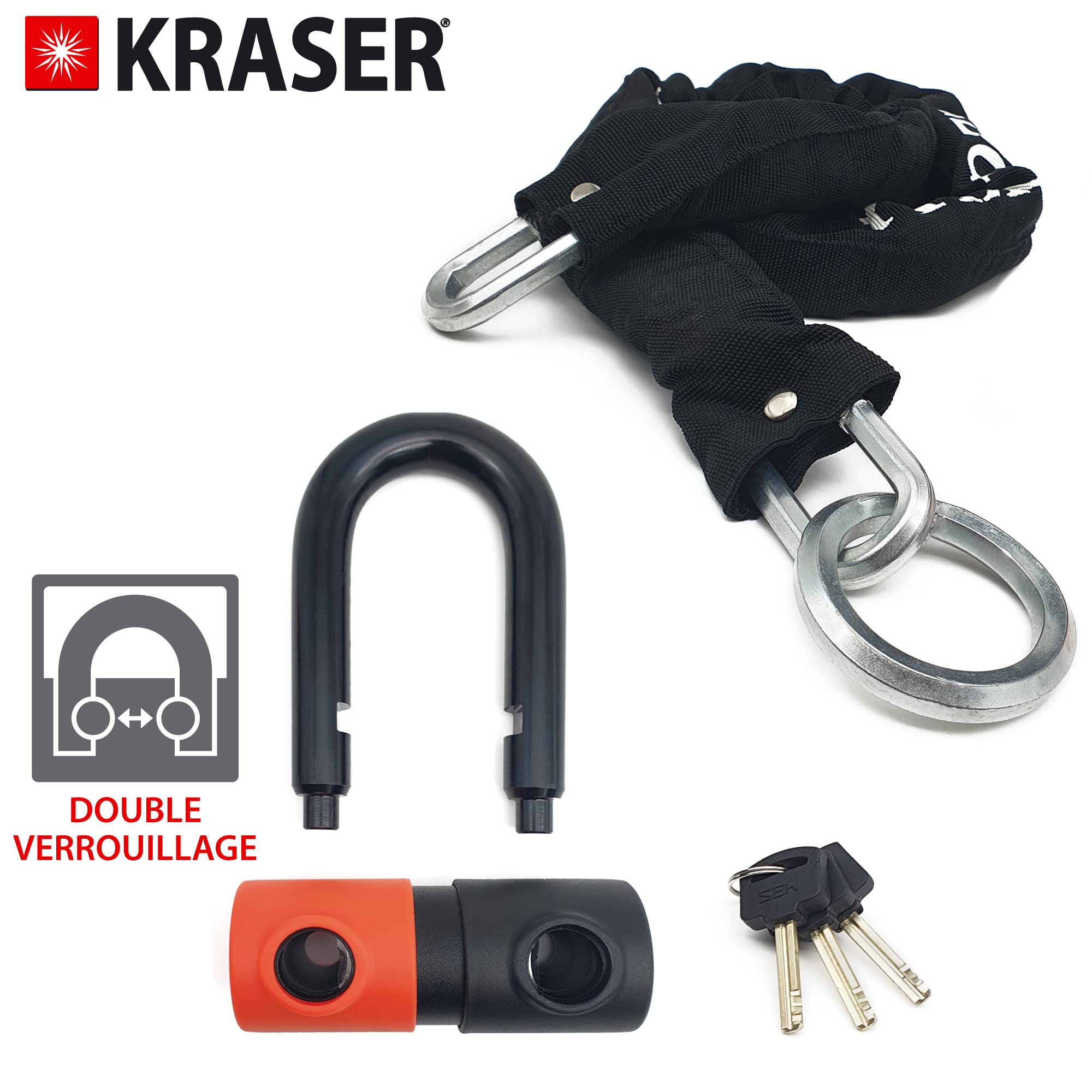 KRASER KR50+120L Antivol Moto Bloque Disque Homologué SRA | Robust Mini U Ø18 Acier Cémenté Double Verrouillage + Chaine Ø10 Haute Sécurité, Multifonctionnelle Moto Velo Parking Garage, 120cm Lasso