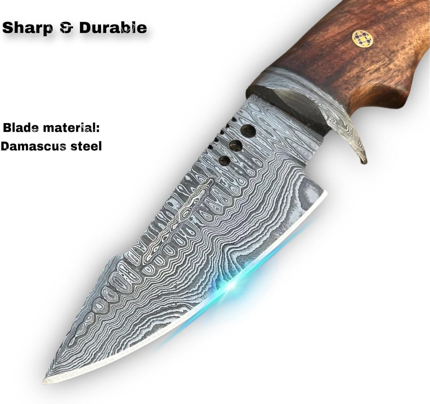 Custom Handmade Damascus Hunting Knife,10"Fixed Blade Bowie Knife with Horizontal Carry Sheath,Real Damascus Steel Knives with Rose Wood Handle and Belt knife ,EDC Full Tang Knives for men women, Adventure,Survival,Hiking,Camping,Gifts for Men Women - Image 5