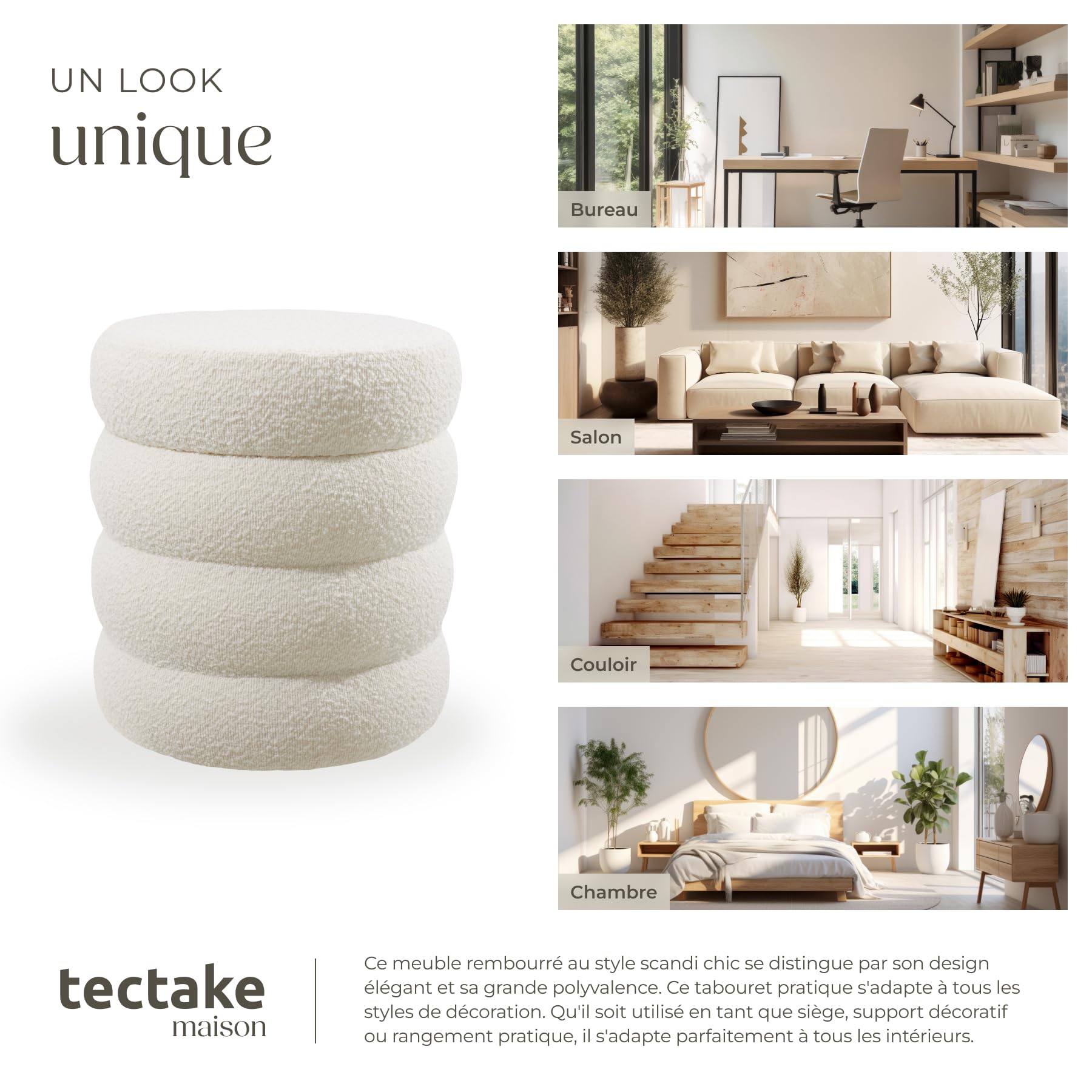 tectake® Tabouret Repose Pied Pouf avec Rangement Pouf Salon en Tissu Bouclette Crème Ø42x47cm jusqu'à 120 kg Design scandinave Cosy pour Coiffeuse, Salon, Chambre, Bureau, entrée