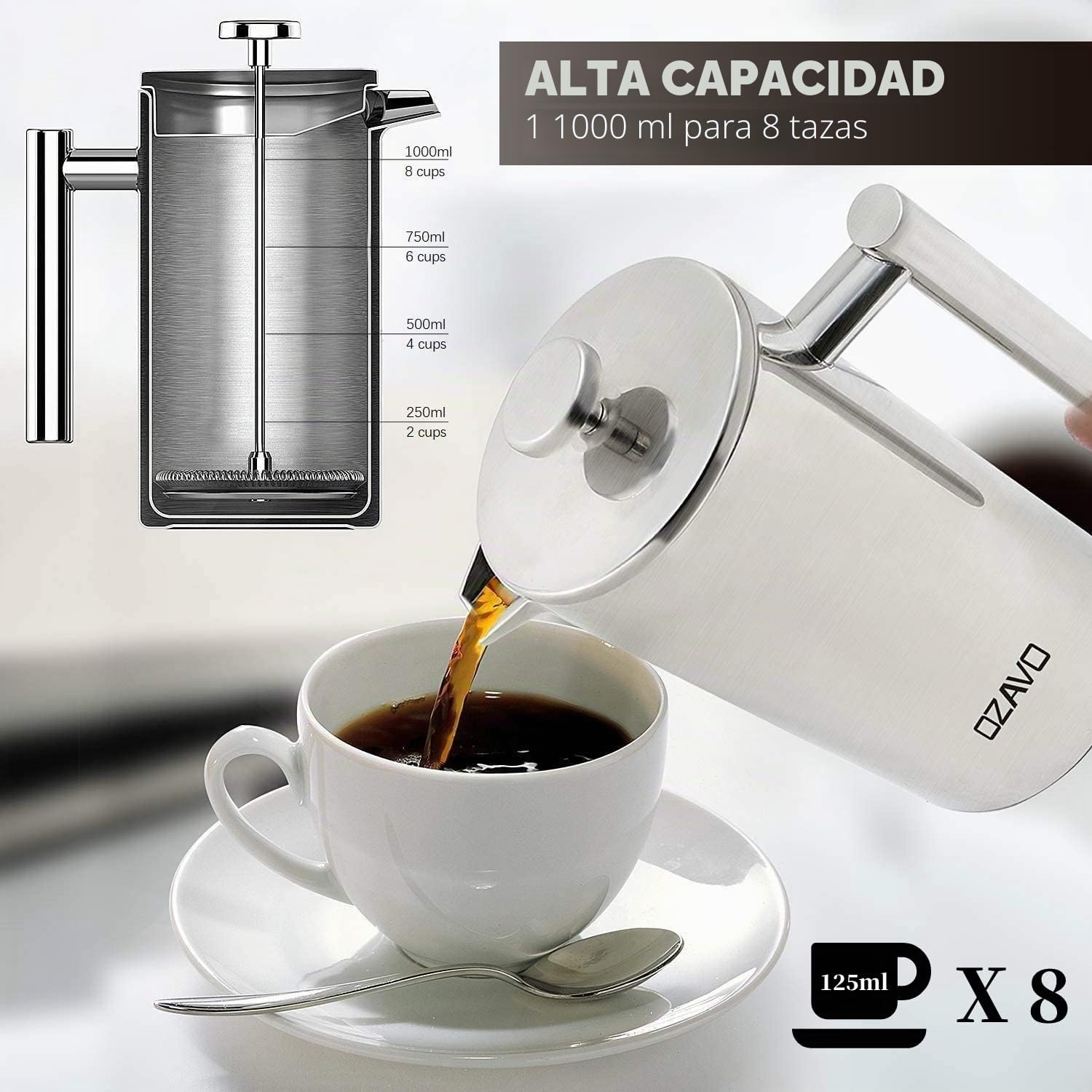 Cafetera de Émbolo Individual Prensa Francesa Acero Inoxidable 1L Plateado