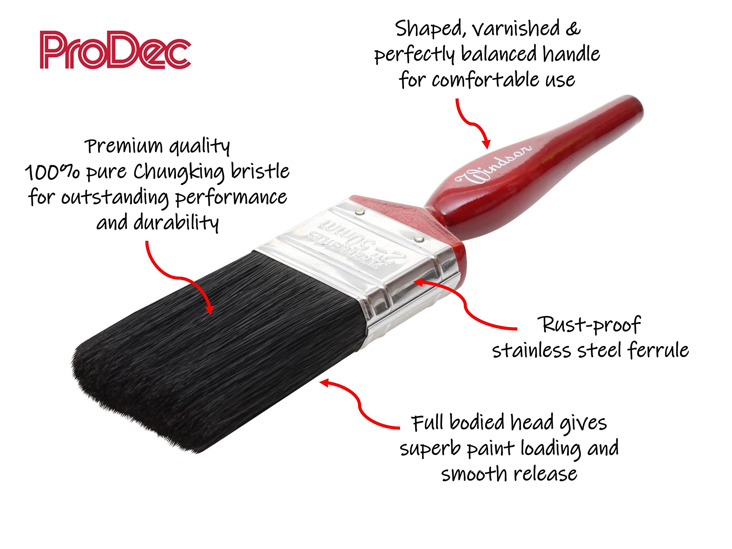 ProDec Juego de brochas de cerdas puras Profesionales Windsor Trade de 6 Piezas para Pintar con Pinturas de emulsión, Brillantes y satinadas en Paredes, techos, Madera y Metal