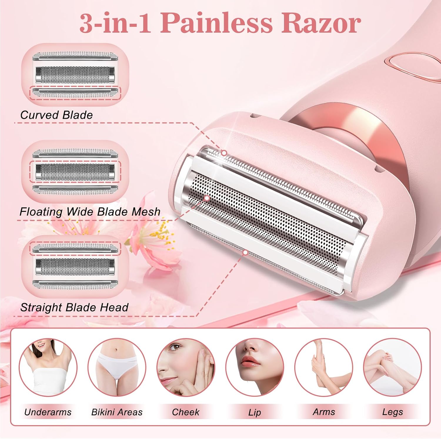 Electric Shaver for Women, Painless 2 in 1 Wet & Dry Waterproof Silk Glide Pro Shaver with 2 Removable Heads, Rechargeable Electric Razors for Bikini, Legs, Underarms, Body (Pink)