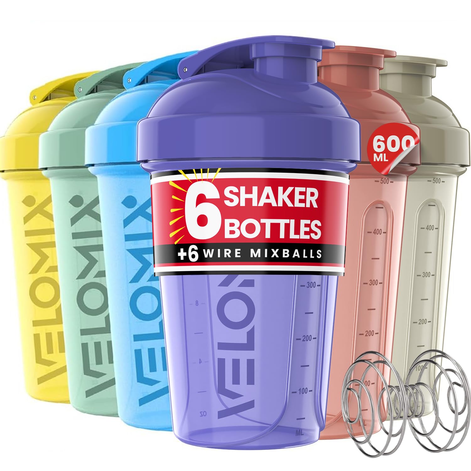 6 PACK- 600ml Protein Shaker Bottle - 6x Wire Mixball for Lump-Free Shakes | Leak Proof Shaker for Protein Shakes | Protein Shake Bottle for Mixing Powdered Shakes | BPA-Free Shaker Cup