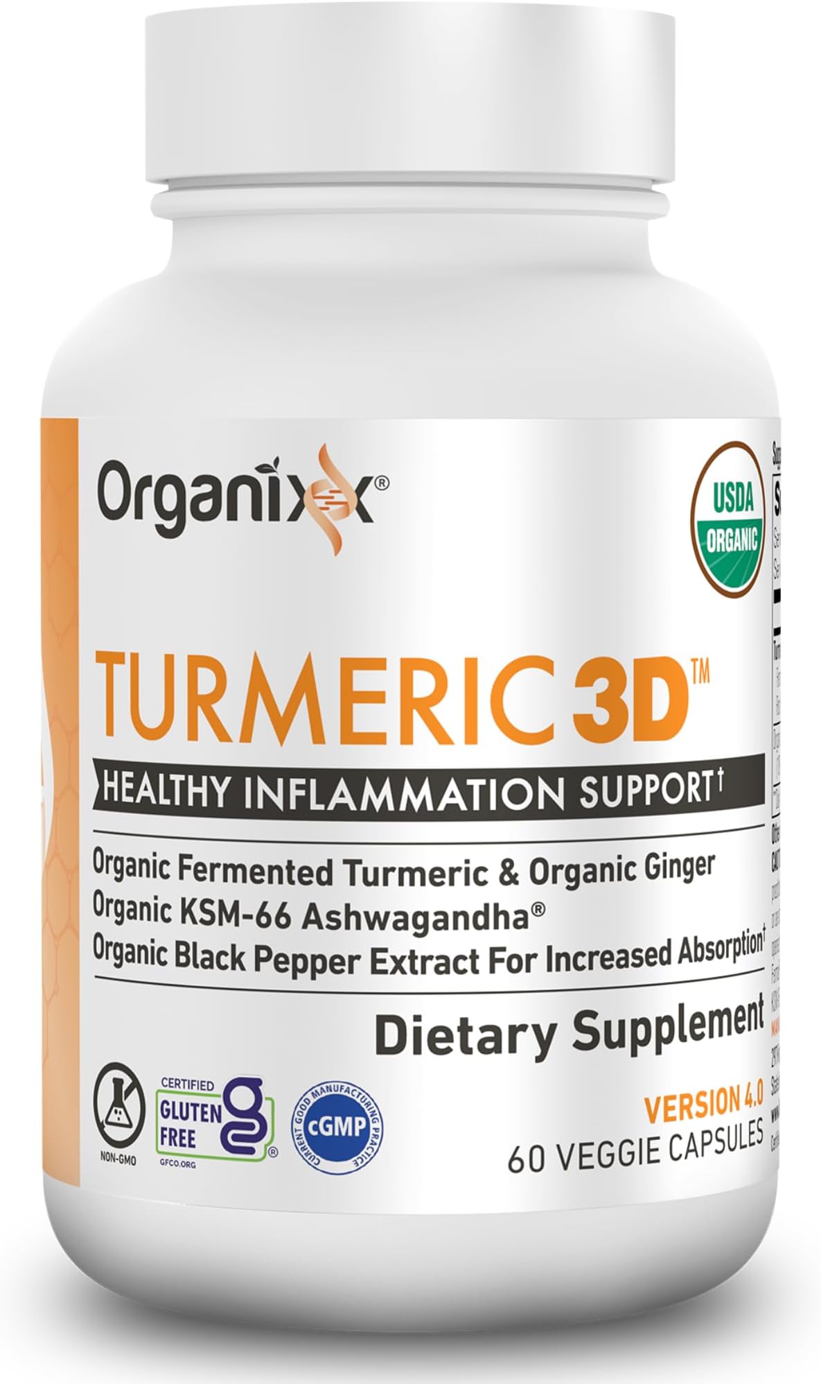 Organixx USDA Organic Turmeric Curcumin Supplement with Ashwagandha, Vitamin D, Turmeric & Ginger โ Fermented for Maximum Bioavailability, 60 Vegetarian Capsules