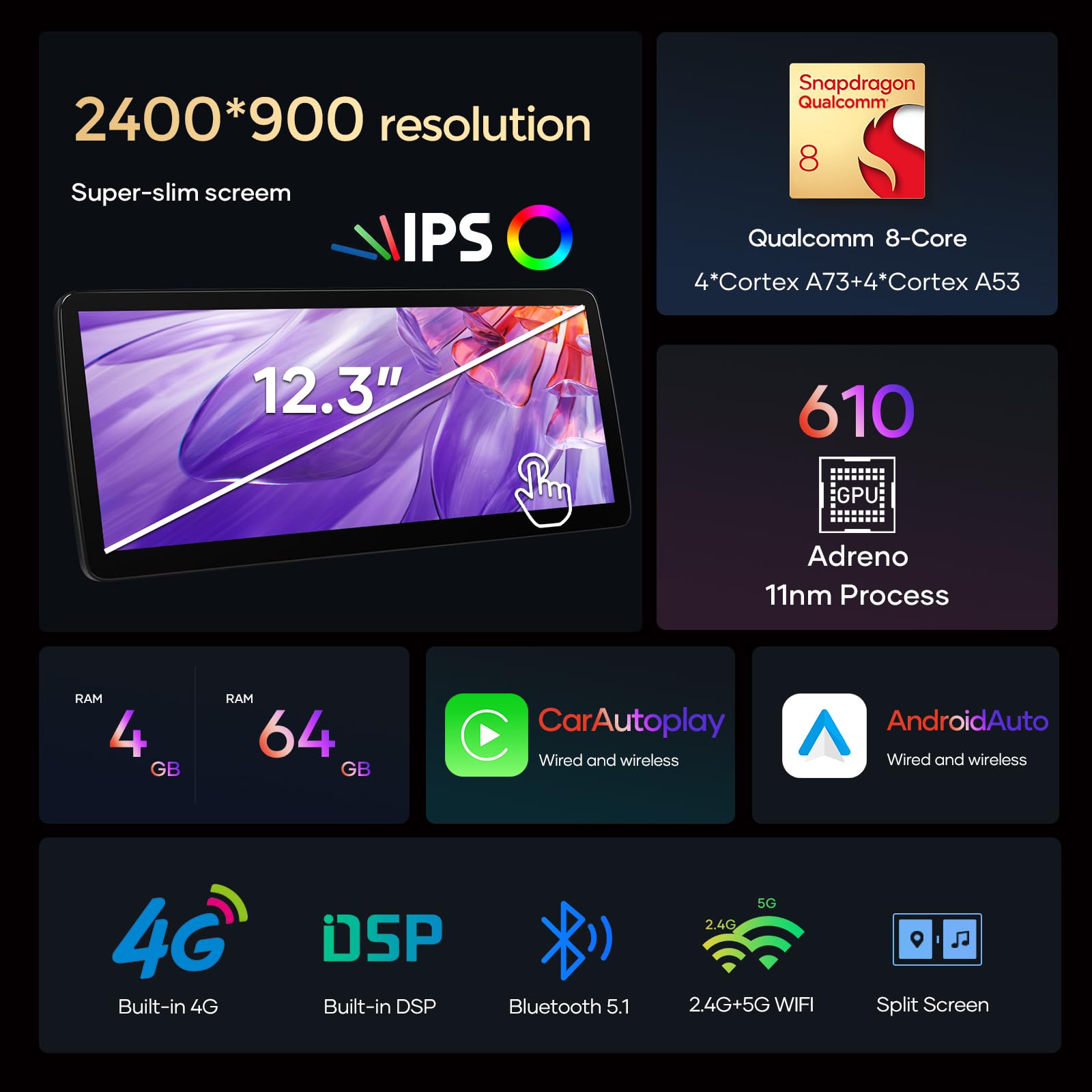 Android 15 12.3 Inch 8-Core 8GB + 128GB Car Radio Screen GPS Navigation for BMW 2 Series F45 F46 F22 NBT System Suports IPS Bluetooth 5.1 WiFi DSP IPS DAB+ TPMS Wireless CarPlay Android-Auto
