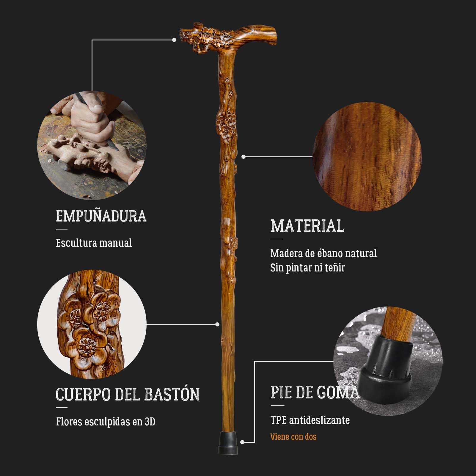 Bastón de Madera Tallado a Mano P[ara Hombre y Mujer, con Función de Masaje, Soporta hasta 226 kg, Bastones de para Personas Mayores, Adecuado para Regalar (Flores)