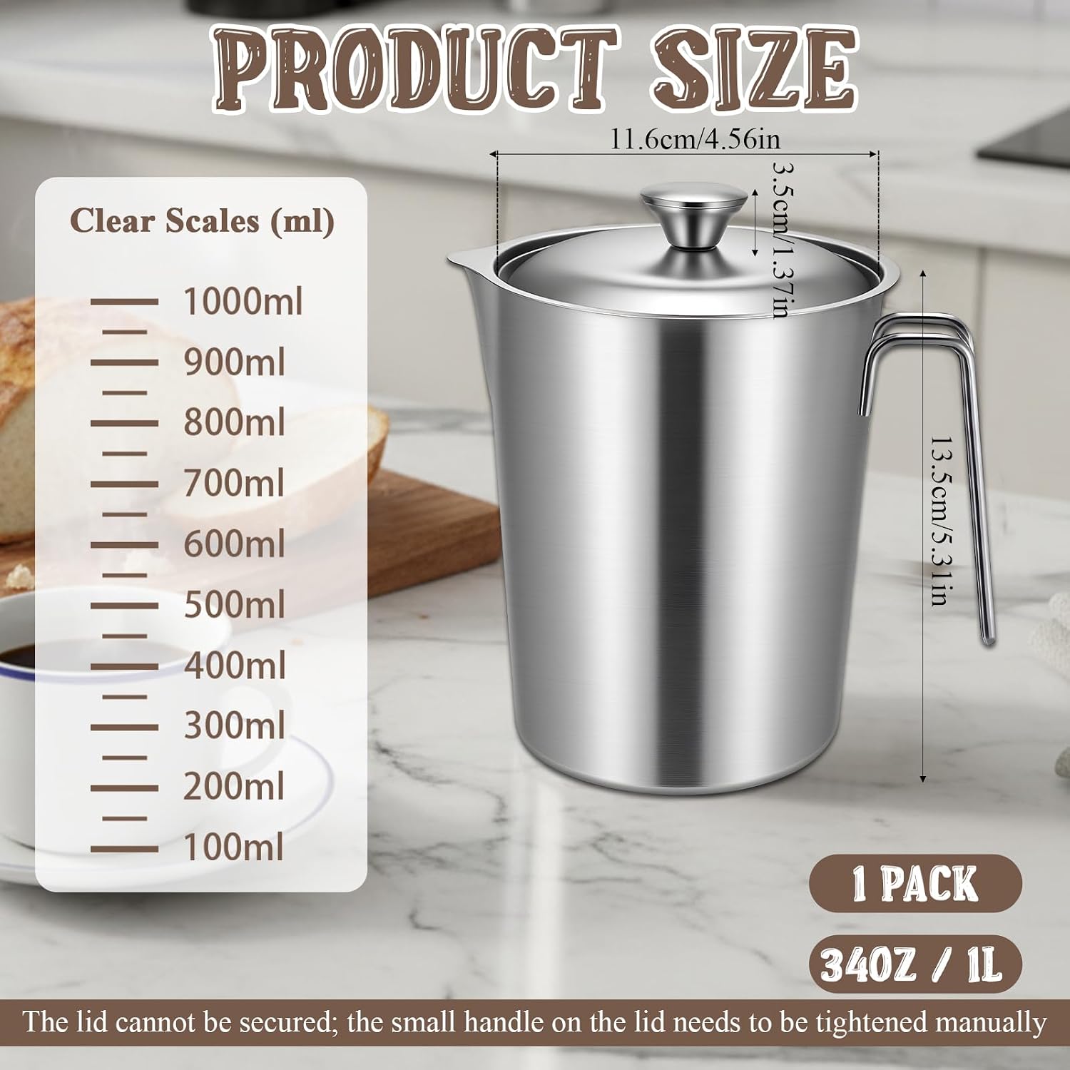 304 Stainless Steel Pitcher with Lid, 1 L/34 oz Metal Measuring Cup with Handle & Marking, Milk Frothing Jug, Large Mouth Graduated Beakers for Milk Frothing, Espresso Machine, Iced Tea, Hot & Cold Wa