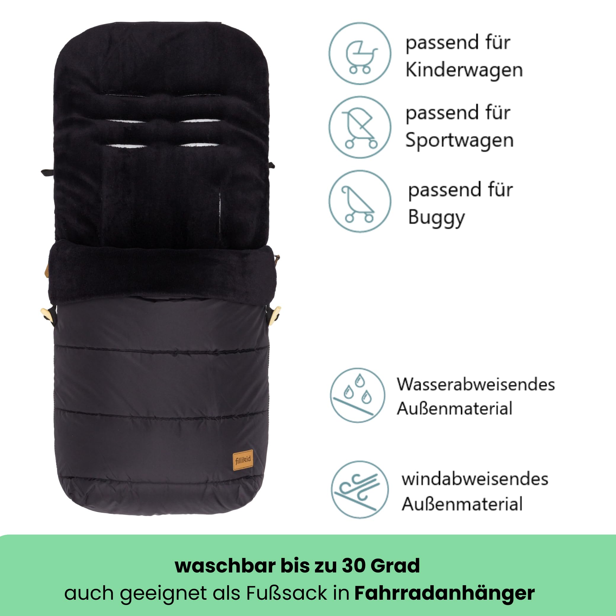 Fillikid Winterfußsack Lanin Exclusiv | Winter-Fußsack für Kinderwagen, Sportwagen & Buggy mit Anti-Rutschschutz, weicher Thermo-Fleece, Design:schwarz