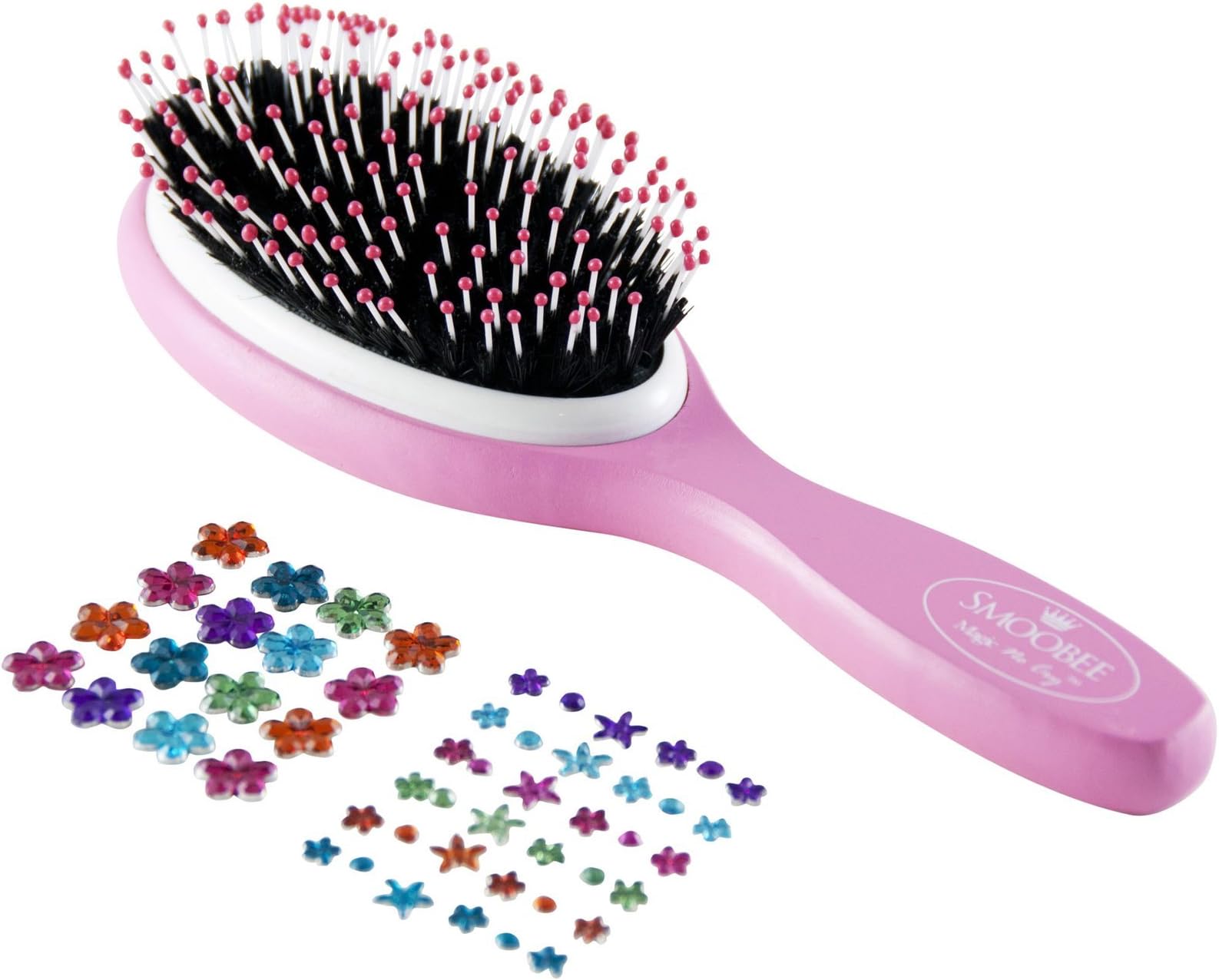Smoobee Pink Hairbrush with Stickers - Rainbow Flowers