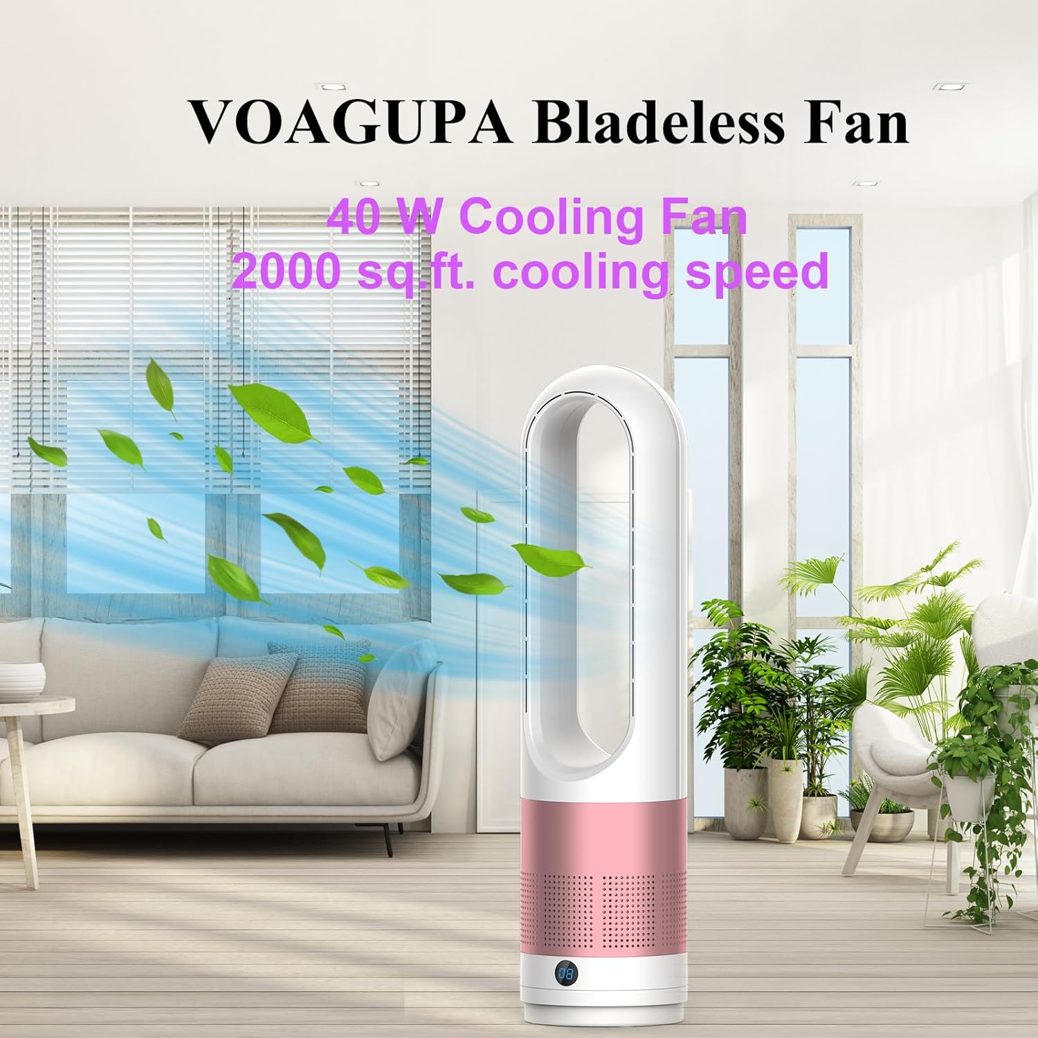 Bladeless Tower Fan, 80° Oscillating Bladeless Fan with Remote and Touch Control, 24H Timer, LCD Display, Cooling Fan for Bedroom Home Office Use, Silver Pink
