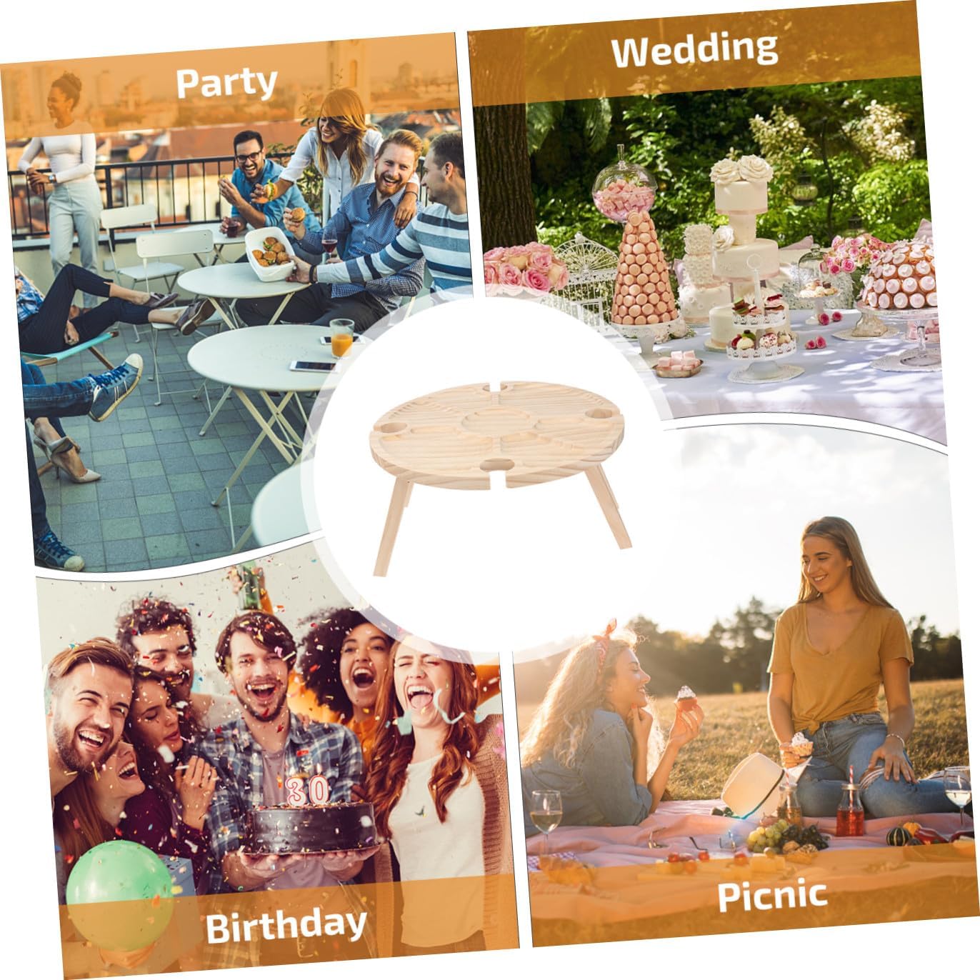 OSALADI Portable Folding Picnic Table Wooden Wine Table Khaki for Camping Party and Dining