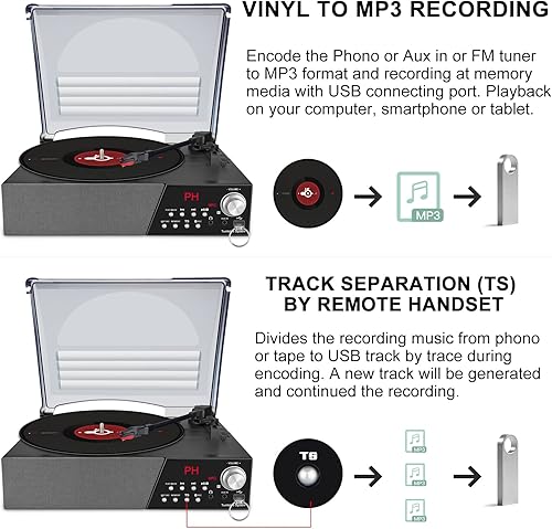 Miniatura 6 de HONGUT Tocadiscos, tocadiscos de vinilo de 3 velocidades con altavoz Bluetooth, reproductor de MP3, reproductor de vinilo LP portátil con radio