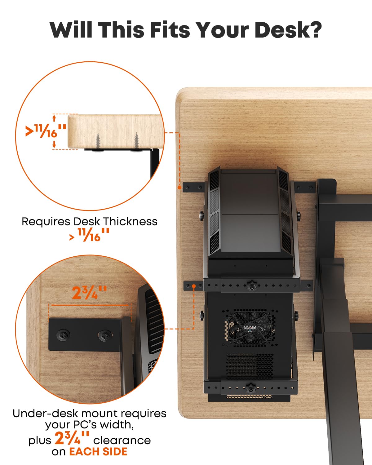 PUTORSEN Soporte de PC para debajo del escritorio para cajas de torre completa/media, soporte vertical u horizontal de CPU de hasta 75 libras, estante de computadora que ahorra espacio para ATX