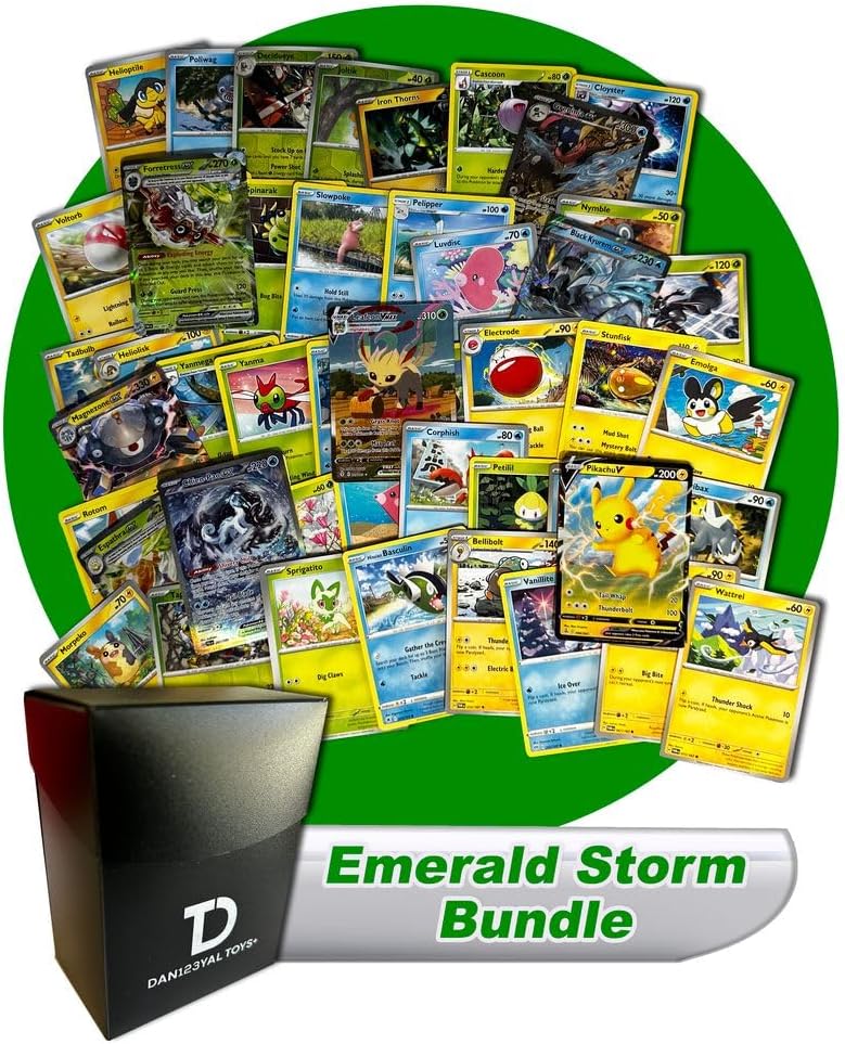 Emerald Storm TCG Random Assortment Bundle || Guaranteed Grass, Water, or Electric Ultra Rare + 20 Random Grass, Water, or Electric Cards + Dan123yal Deck Box