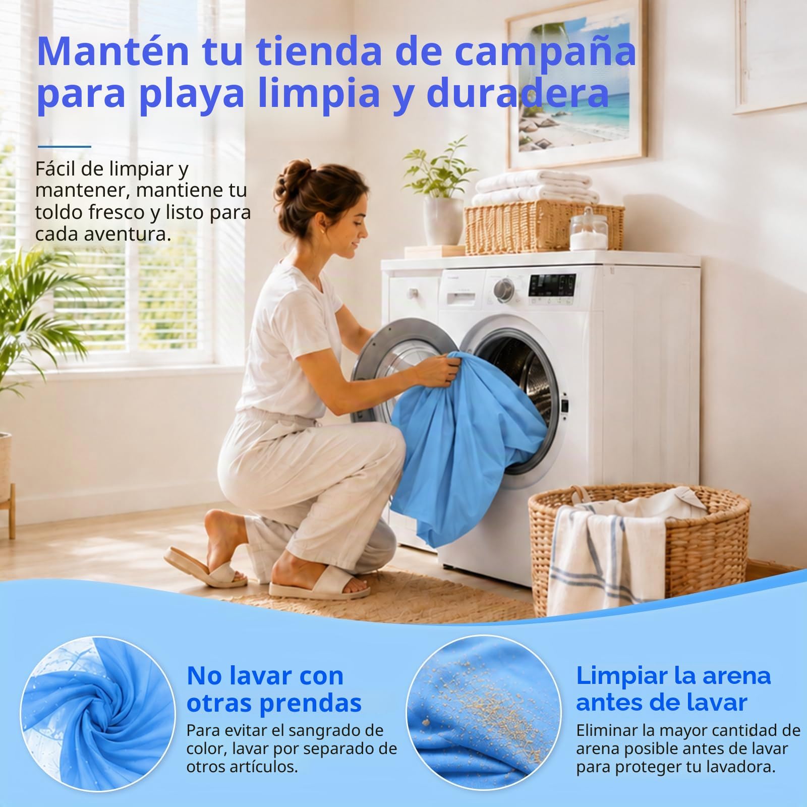 Tienda de Playa UPF50+ con Esterilla, Toldo Solar Antiviento Portátil | Refugio con Anclajes de Arena y Barras de Aluminio, Fácil Montaje para Camping, Playa y Picnic, 10x10FT Azul Cielo