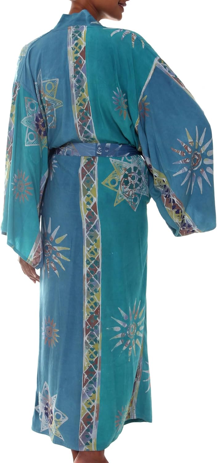 NOVICA Artisan Hand-Painted Long Kimono Patterned Robe with Pockets for Women Lightweight Loungewear from Indonesia 'Floral Green Baliku' - Image 4