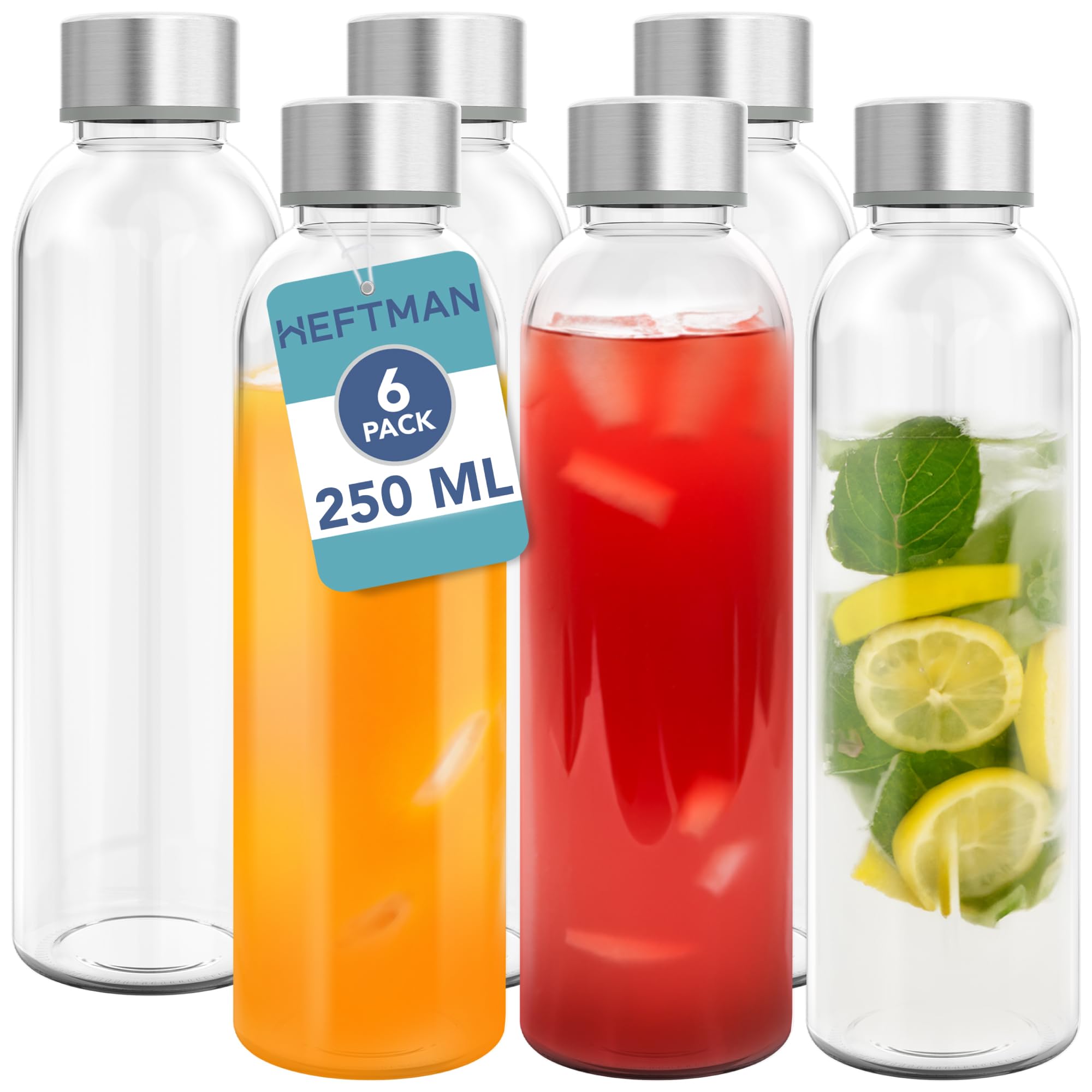 Heftman 250Ml Glass Bottles With Lids - 6 Pack Empty Glass Water Bottle, Airtight, Leakproof, Stainless Steel Lids - Water, Smoothies, Juice Bottles For Work, Gym, Home - Includes Cleaning Brush