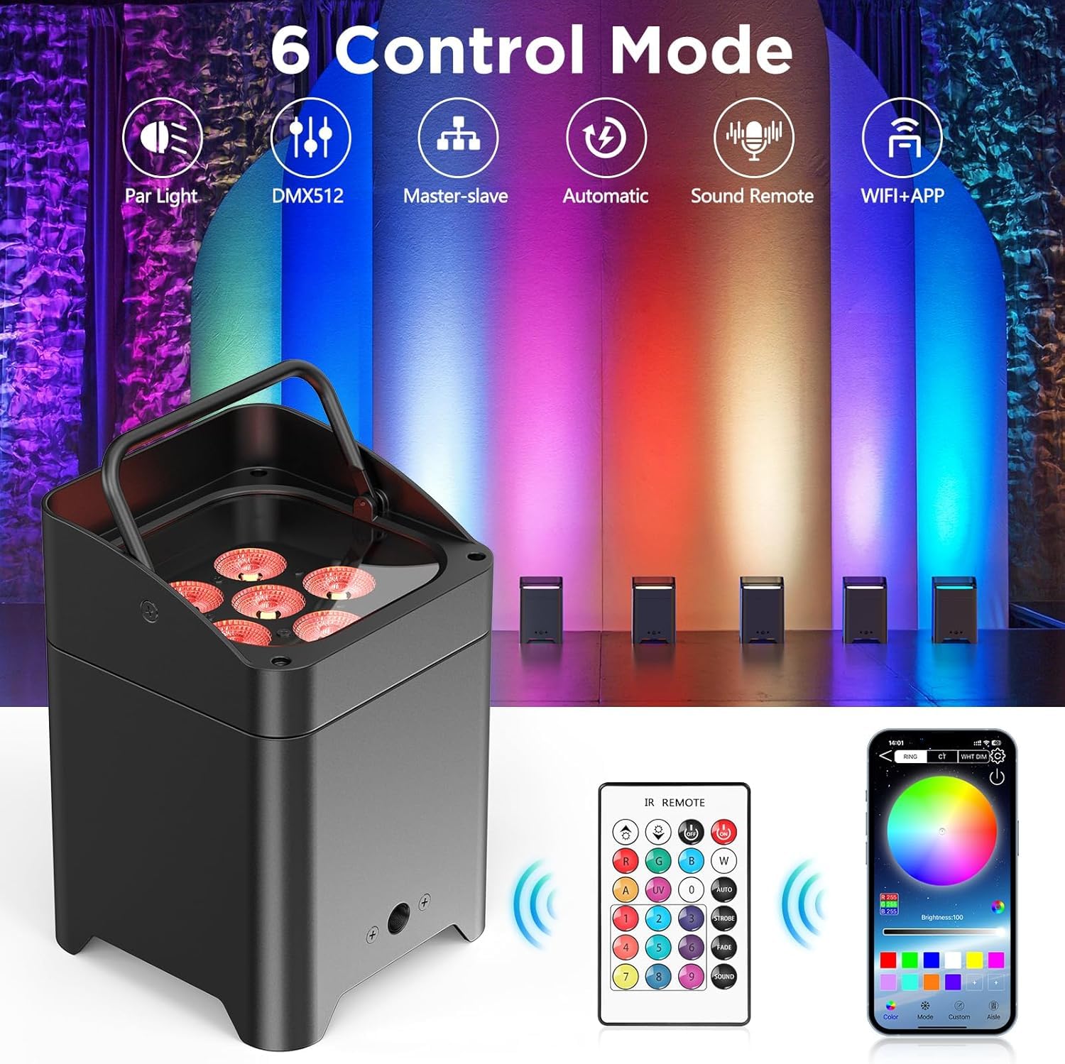 Faretto LED a batteria, 108 W, RGBWA-UV, con controllo app, batteria LED Par con DMX e telecomando per feste, club, bar, Halloween, Natale