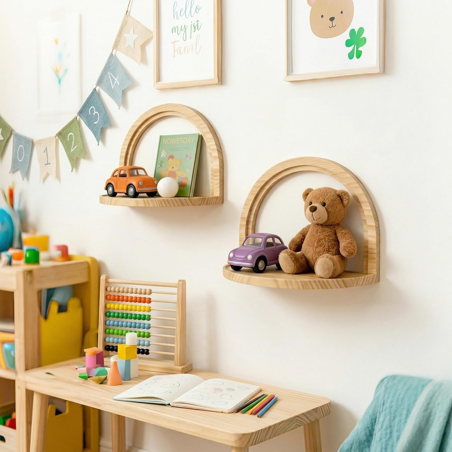 Boho Shelves Nursery Wall Decor: Mid Century Baby Room Art Modern Floating Shelves with Ledge