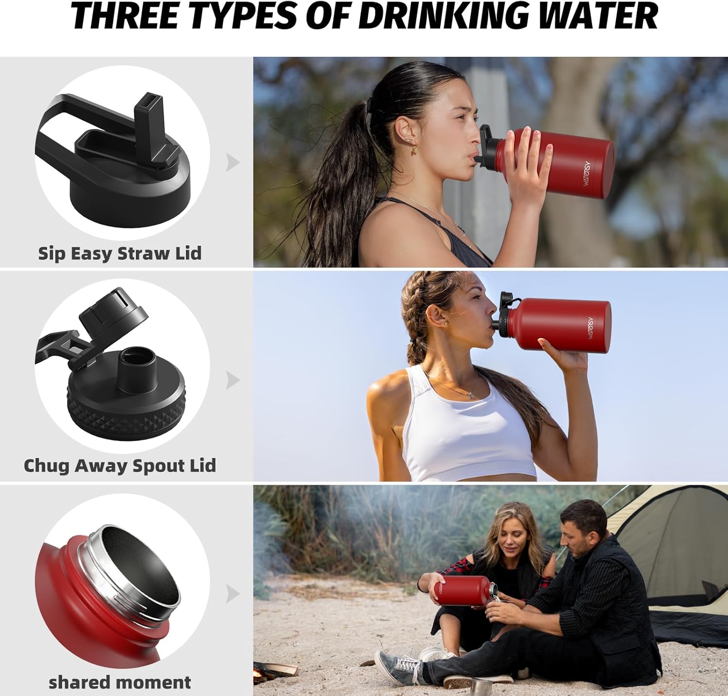 64oz Insulated Water Bottle (Cold for 48 Hrs),BPA Free&Leak Proof,Half Gallon Stainless Steel Water Flask,Water Jug with Straw Spout Lids for Gym,Hiking,Camping,Red - Image 3