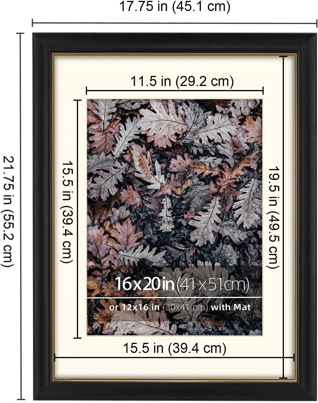 16x20 in 2 Pack Wood Black Gold Trim 2 Tone Vintage Antique Retro Poster Frame, Matted for 12x16 Photos, Fine Arts, Drawings, Vertical or Horizontal Display, Plexiglass Cover, Gold Inner