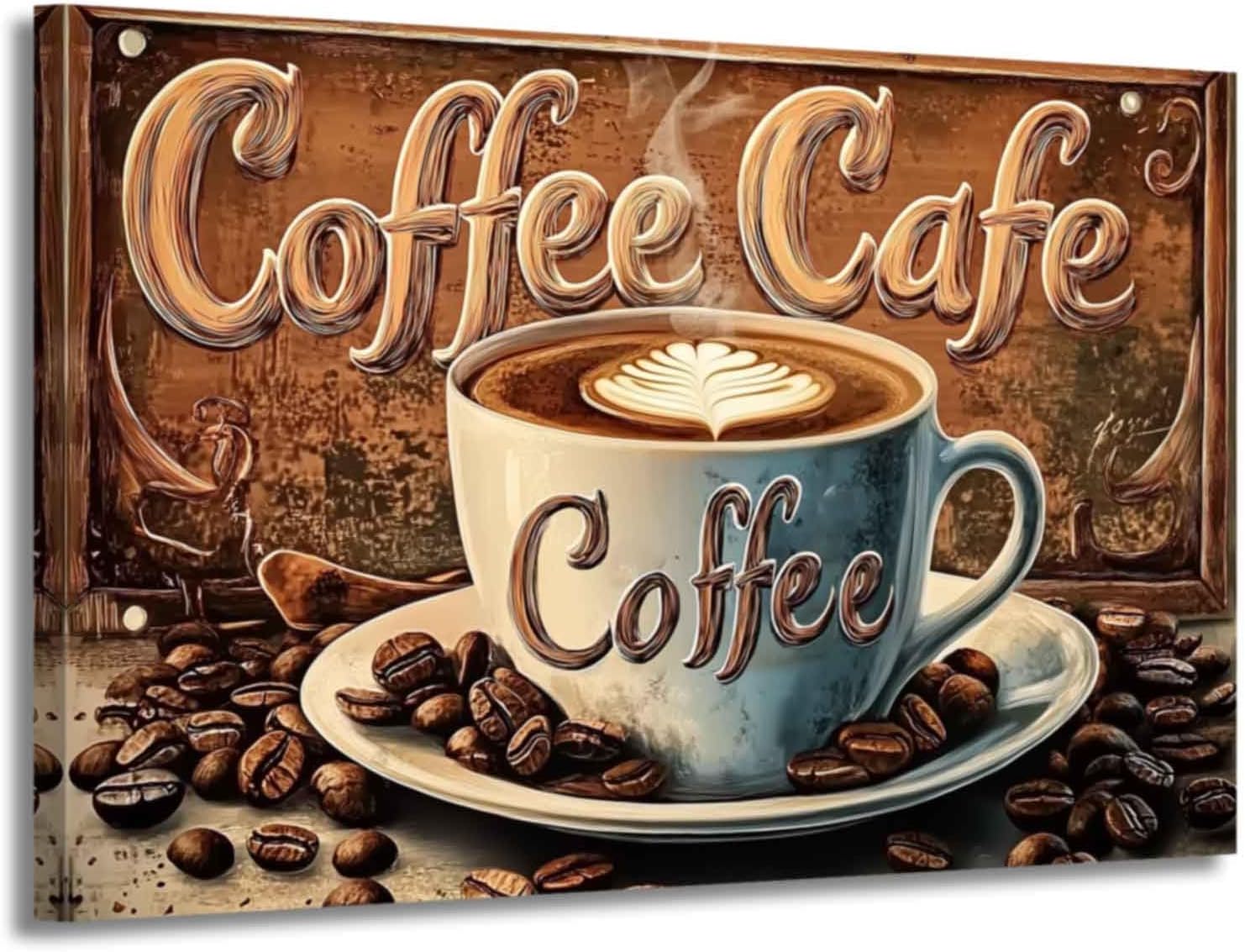 XLMDYYSW Vintage Coffee Sign Wall Art Kitchen Pictures Coffee Cup and Bean Canvas Prints Rustic Family Cafe Bar Painting for Dining Room Home Decor Framed (Brown, 16L x 24W)