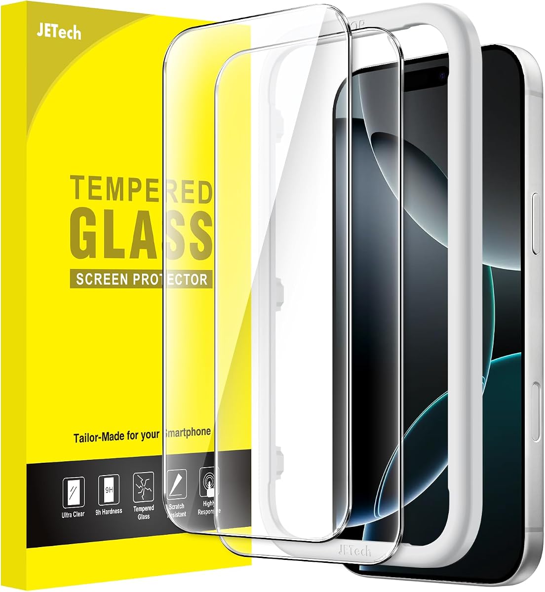 Protector de pantalla JETech para iPhone 16 Pro, paquete de 2 | Vidrio templado 9H, HD transparente, protección antiarañazos, herramienta de fácil instalación