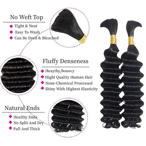 Miniatura 3 de Cabello humano trenzado a granel de onda profunda para trenzas bohemias, 2 paquetes por paquete, 3.53 onzas, extensiones de cabello humano brasileño