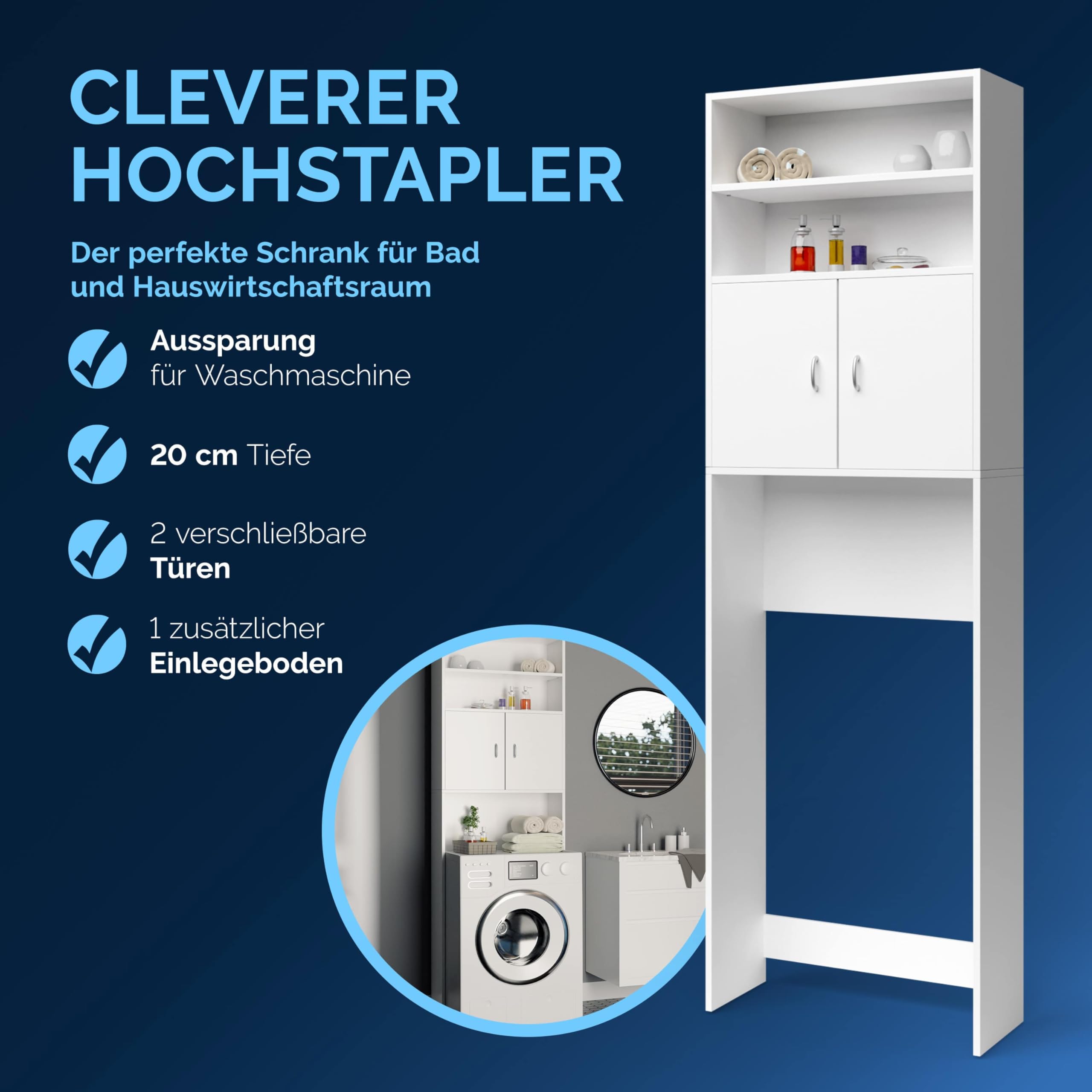 Casaria® Waschmaschinenschrank 185x63x20cm 2 Türen Badschrank Hochschrank Badezimmer Waschmaschine Überbau Bad Regal Weiß