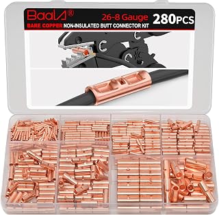 BAALA 280 PCS Non Insulated Butt Connectors Kit, 26-8 Gauge Wire Splice Connector Pure Copper, Butt Connectors Crimp Wire Butt Connector for Wiring