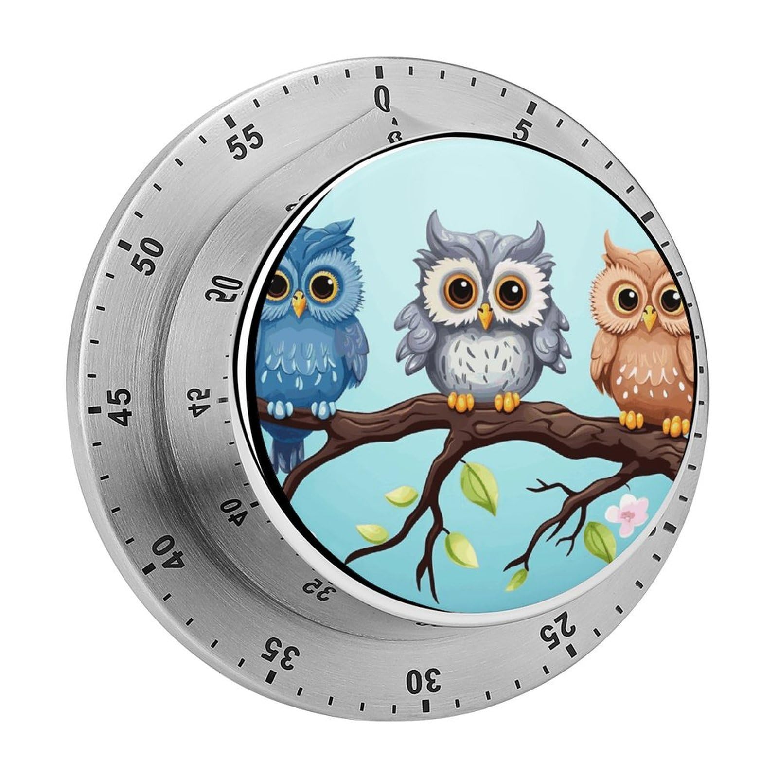Owls on A Branch Mechanical Kitchen Timer, Magnetic Stainless Steel Countdown Timer, Loud Alarm Cooking Timer for Baking, Cooking, Fitness, Classroom, No Battery Needed