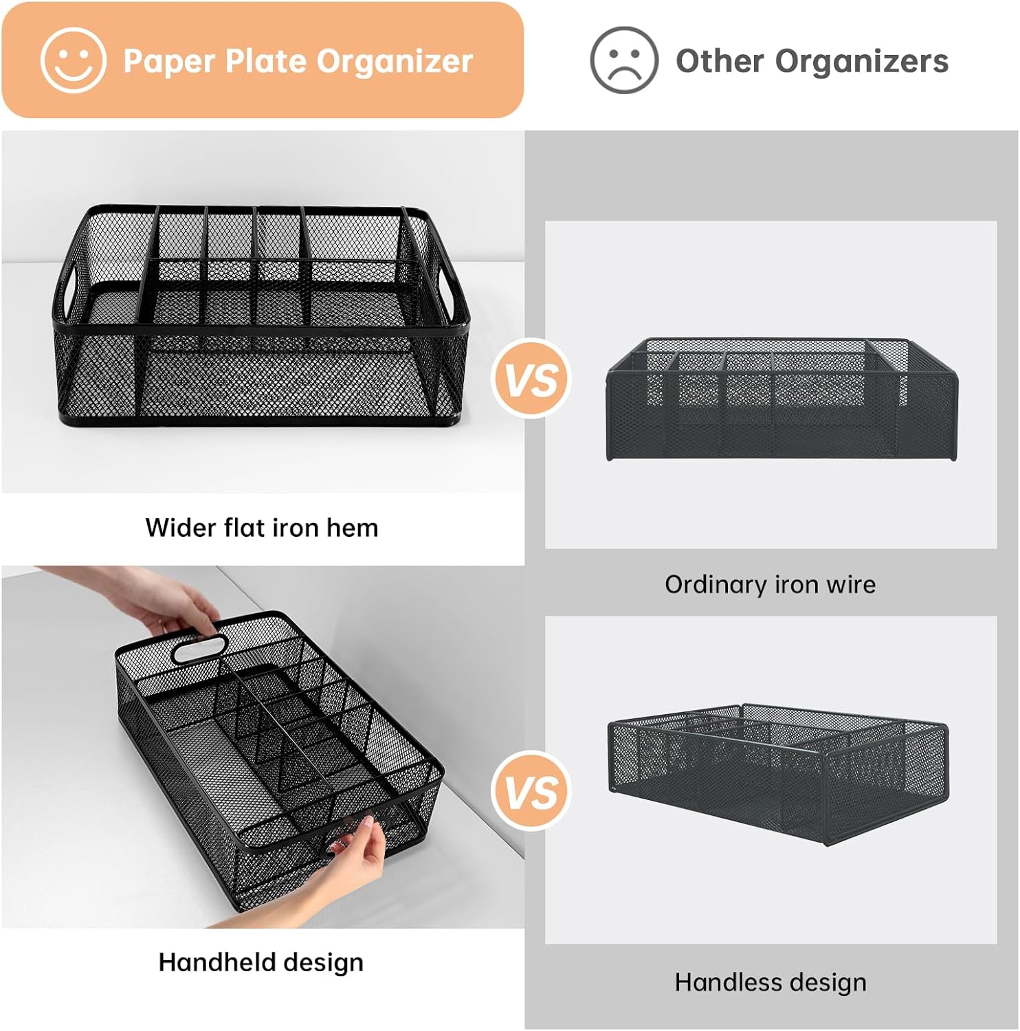 Paper Plate Organizer and Utensil Caddy for Countertop with Handle, 6-Compartment Paper Plate Holder and Silverware Tray for Cups, Forks, Spoons, Napkins - Ideal for Party, Camping, Picnic