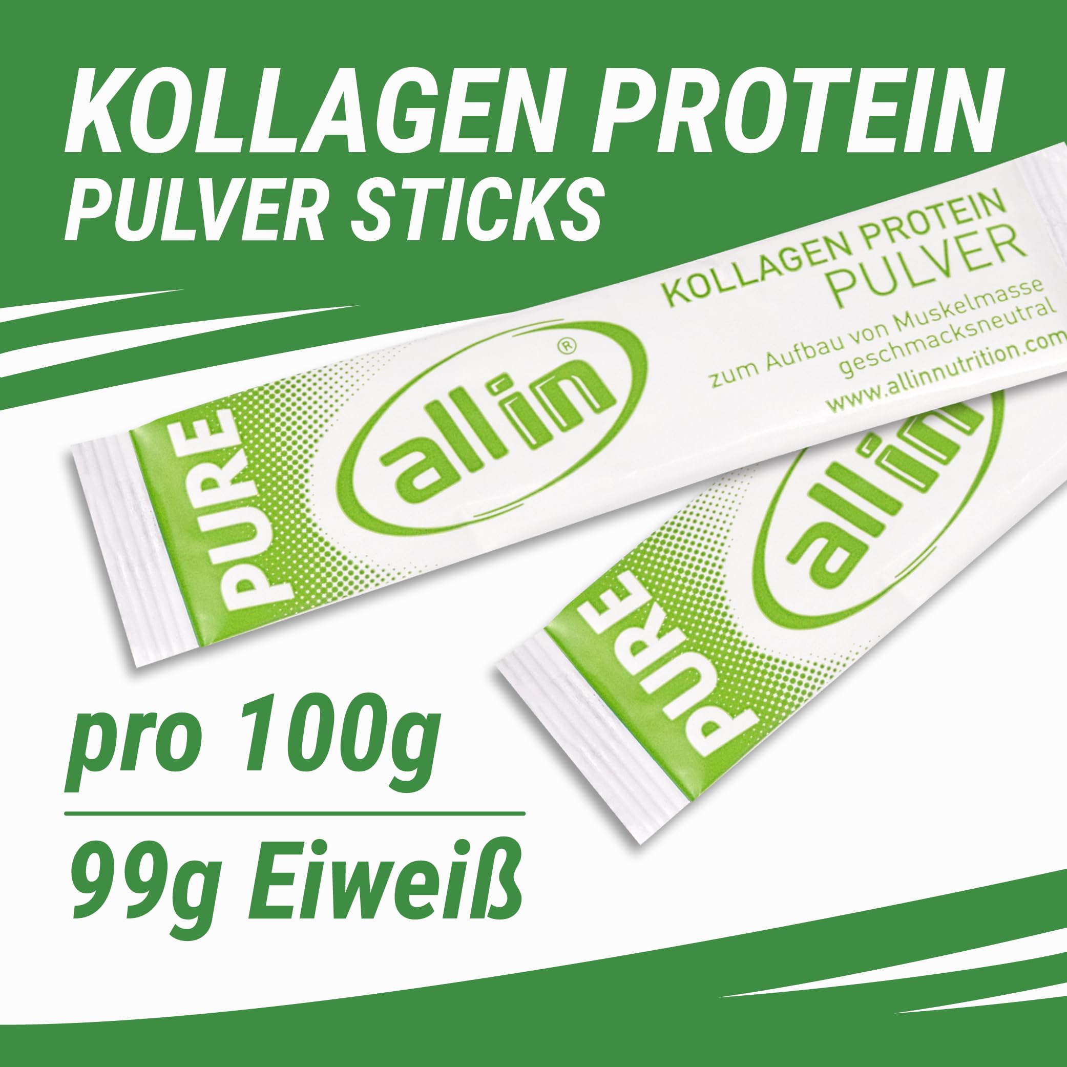 all in® PURE reines Kollagen Protein Pulver 100 x 5g Stick ohne Kohlenhydrate - Sportnahrung hochwertiges Eiweiß ohne Zusatzstoffe ideal zum Muskelaufbau | Geschmacksneutrales Kollagen Pulver vom Rind