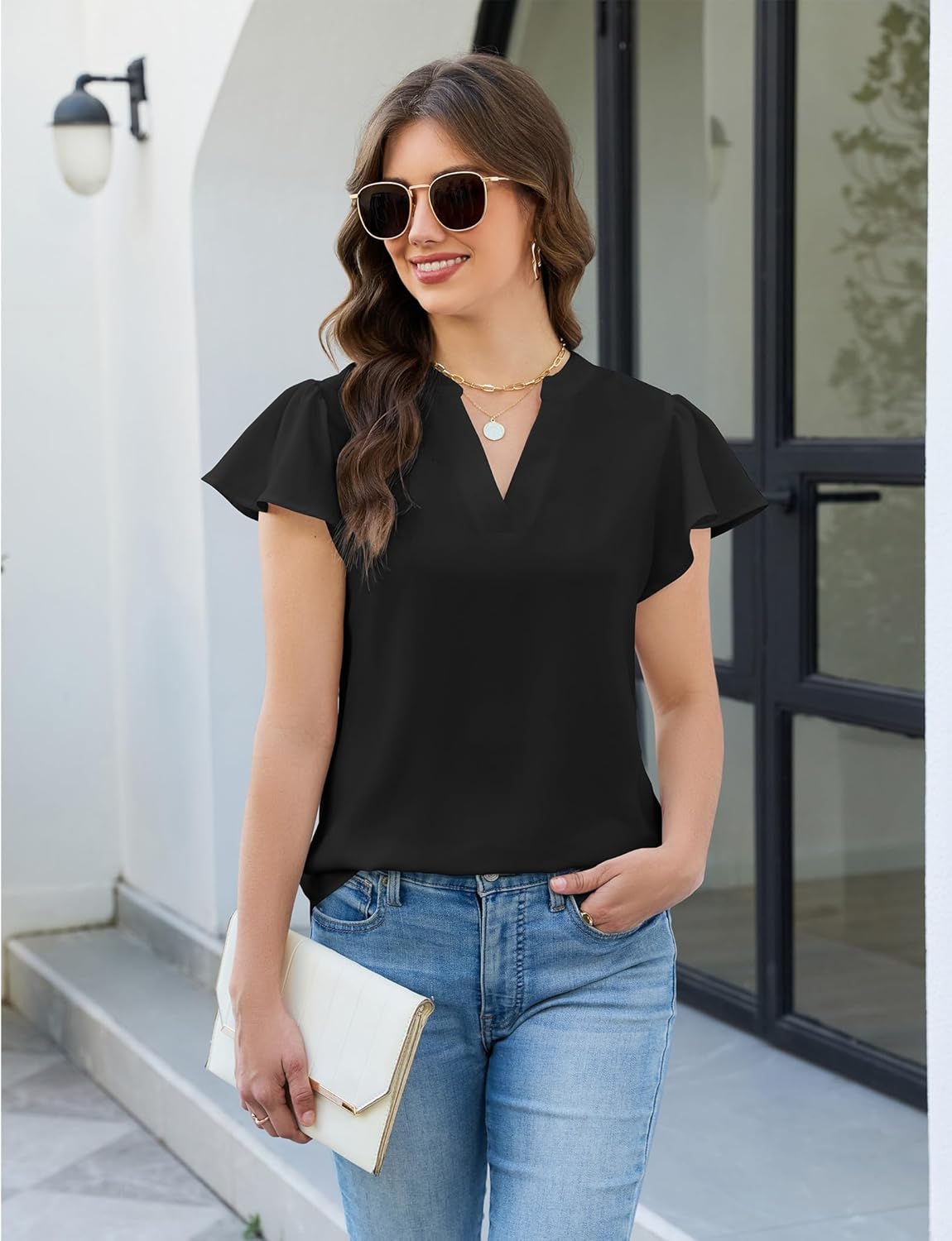 AGSEEM Blouses for Women Dressy Casual Ruffle Sleeve V Neck Henley Shirts Business Casual Work Blouses Flowy Summer Tops 2026 - Image 2