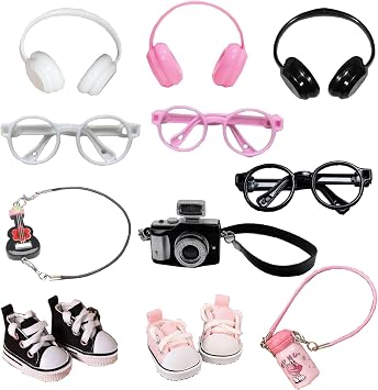 17cm Clothing Accessories 11-Piece Set Dolls ClothesNO Doll - Fashion Style Outfit Set with Small Camera, Glasses, Headset,Canvas Shoes DIY ,Guitar,Bottle Decoration Accessories