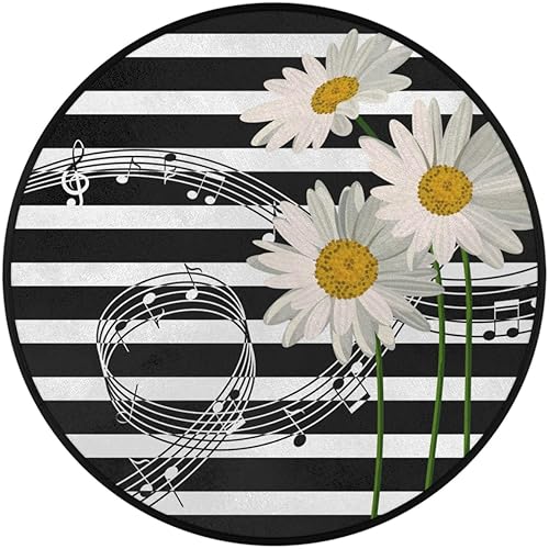 Miniatura 2 de Alfombra redonda de 3 pies con diseño de margaritas y notas musicales con fondo circular, lavable, antideslizante, alfombra circular para sala de