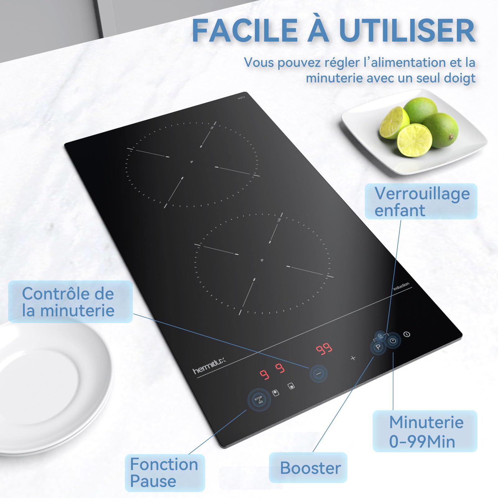 Hermitlux Plaque Induction 2 Feux 30cm Encastrable 3500W Boost 9 Niveaux Minuterie Arrêt Auto Verrou Enfant