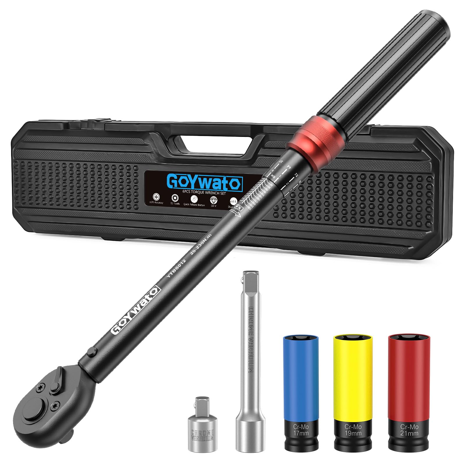 Chiave Dinamometrica 1/2" 20-230 Nm - 6 Pezzi Chiave Dinamometrica Auto, Cricchetto a 72 Denti, con Barra di Prolunga & Adattatore da 1/2 "a 3/8" & Bussole 17mm/19mm/21mm, per Auto, Moto, Cambio Gomme