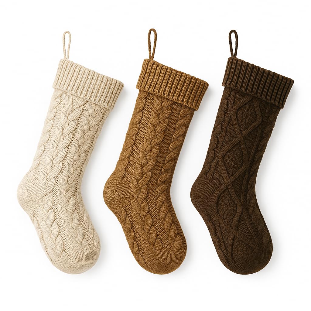 GEN:ZAI Set of 3 Knitted Christmas Stockings – Cable Knit Fireplace Hanging Decoration – 46cm Neutral Beige Brown Cream Xmas Mantel Socks for Holiday Home Décor